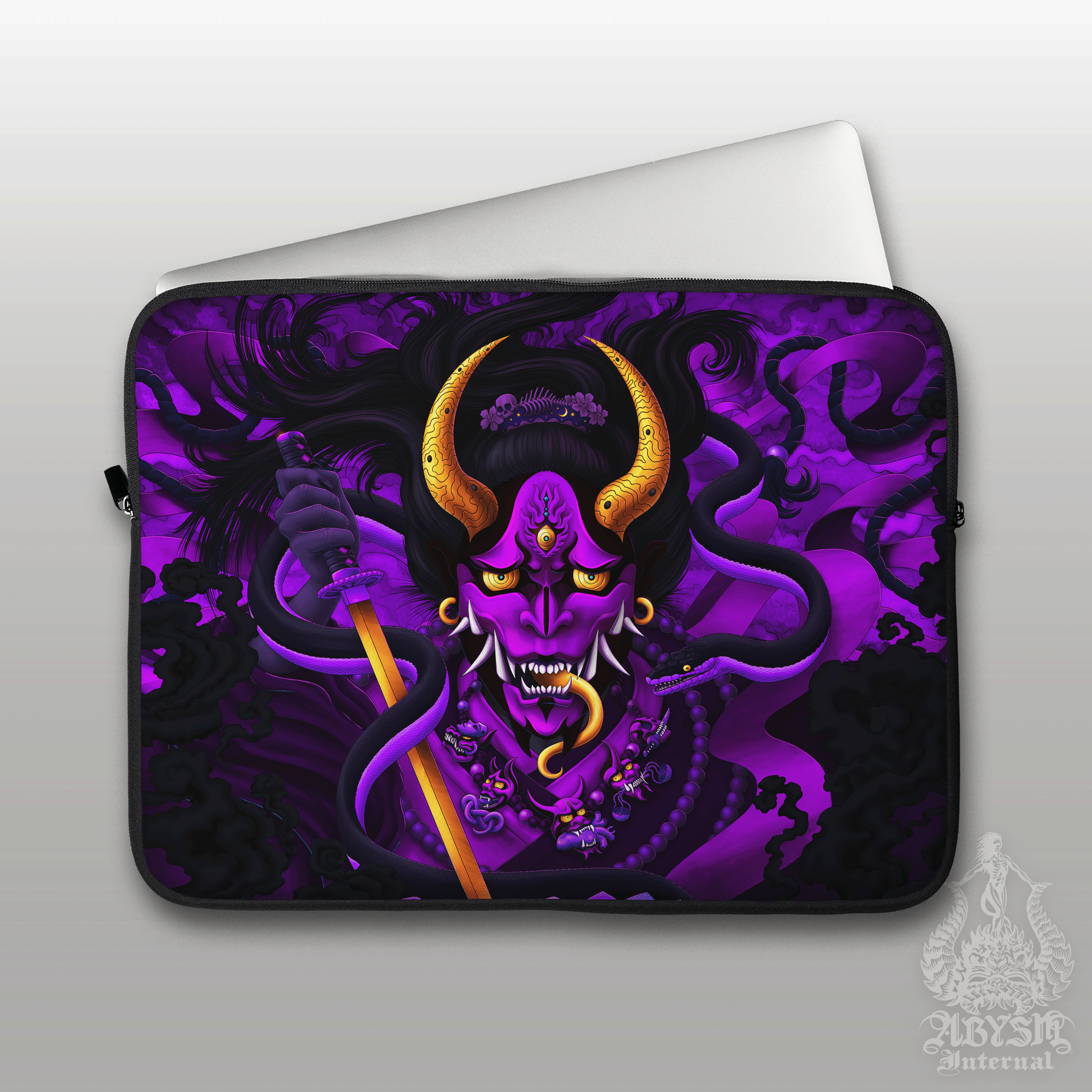 Hannya Laptop Case – Pastel Goth, Purple and Black Japanese Demon and Snake, 13" & 15", Dark Fantasy Art, Printed Padded Soft Sleeve - Abysm Internal