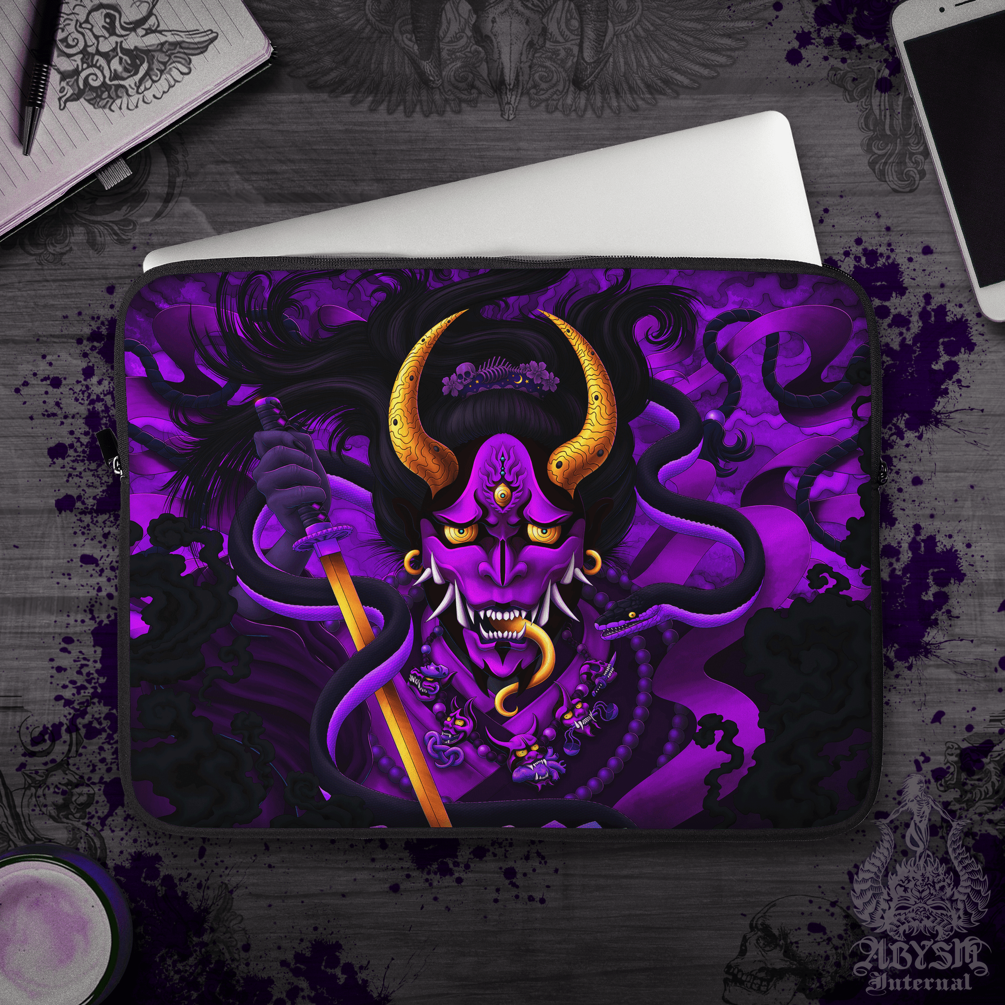 Hannya Laptop Case – Pastel Goth, Purple and Black Japanese Demon and Snake, 13" & 15", Dark Fantasy Art, Printed Padded Soft Sleeve - Abysm Internal