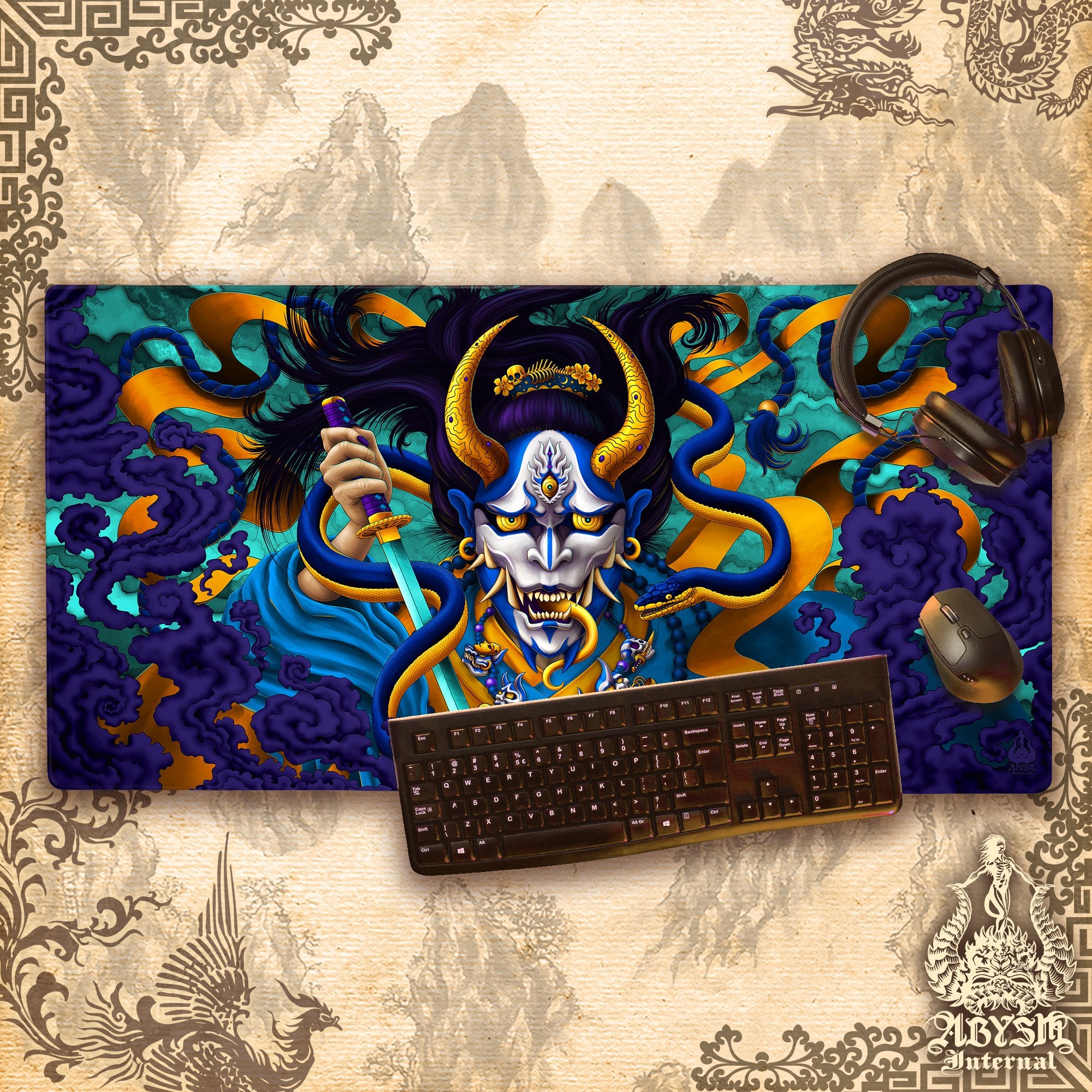 Hannya Mouse Pad, Youkai Gaming Desk Mat, Japanese Demon Workpad, Cyan Gold Table Protector Cover, Fantasy Anime and Manga Art Print - Snake - Abysm Internal