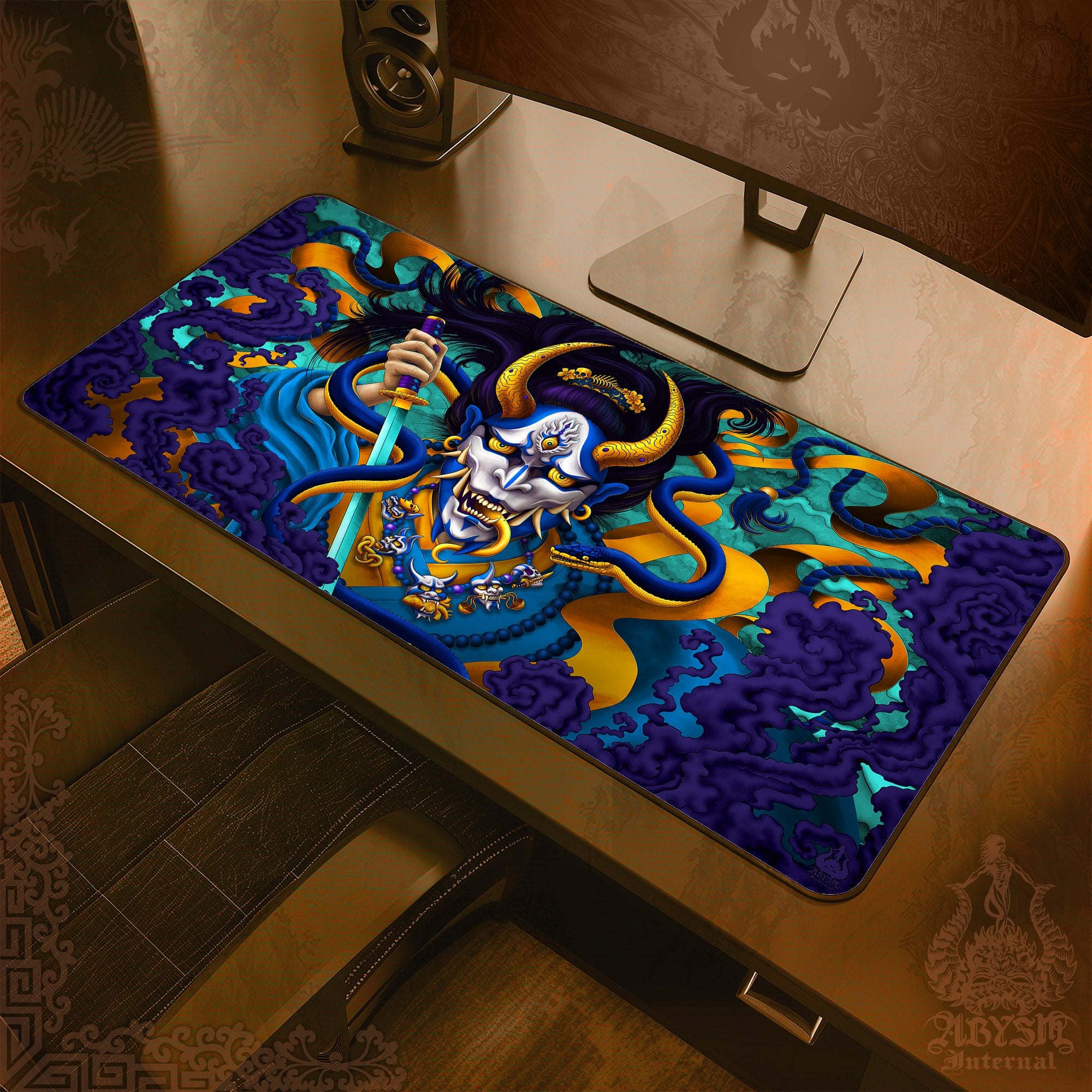 Hannya Mouse Pad, Youkai Gaming Desk Mat, Japanese Demon Workpad, Cyan Gold Table Protector Cover, Fantasy Anime and Manga Art Print - Snake - Abysm Internal