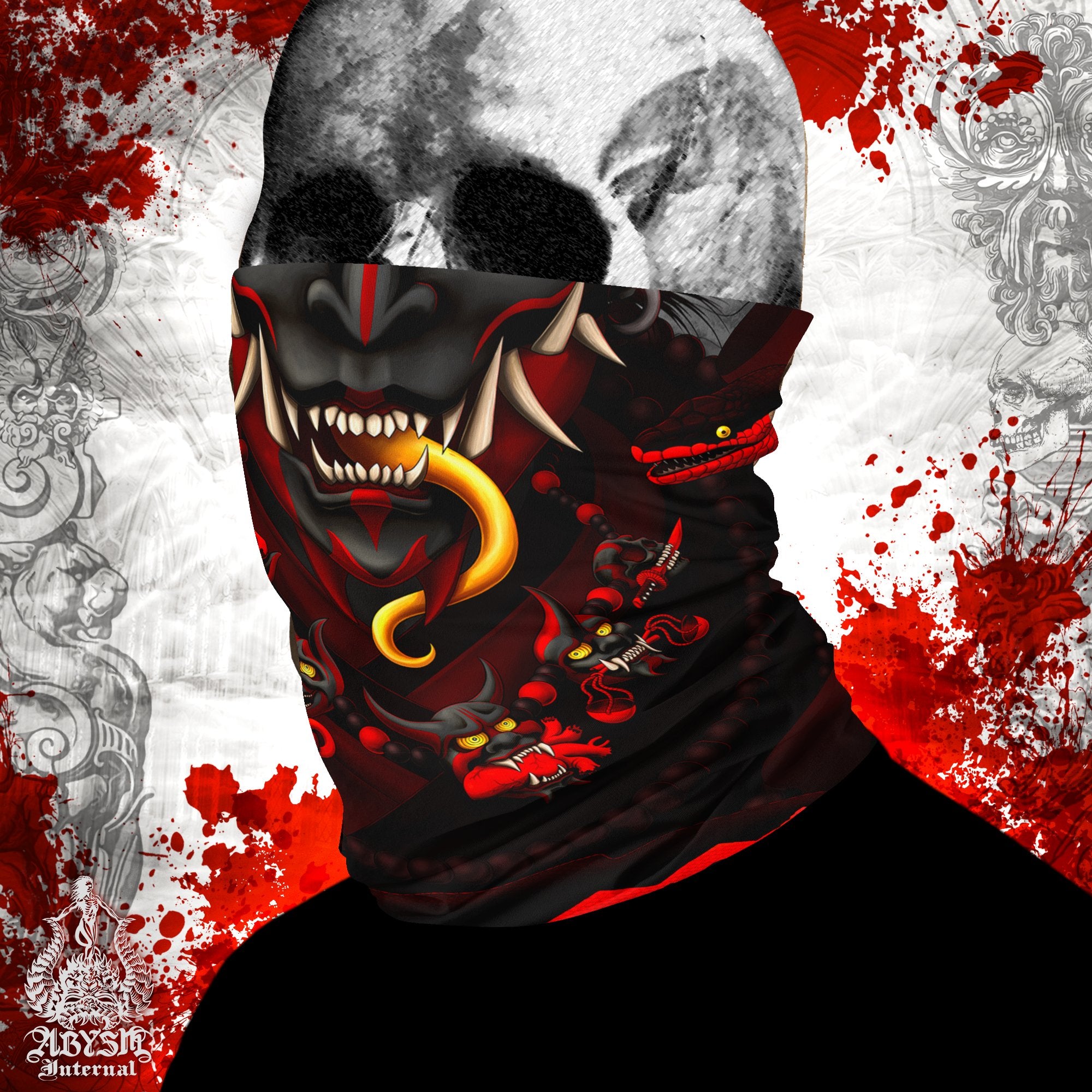 Hannya Neck Gaiter, Demon Face Mask, Japanese Oni Printed Head Covering, Gothic Street Outfit, Snake, Fangs, Headband - Black Red - Abysm Internal