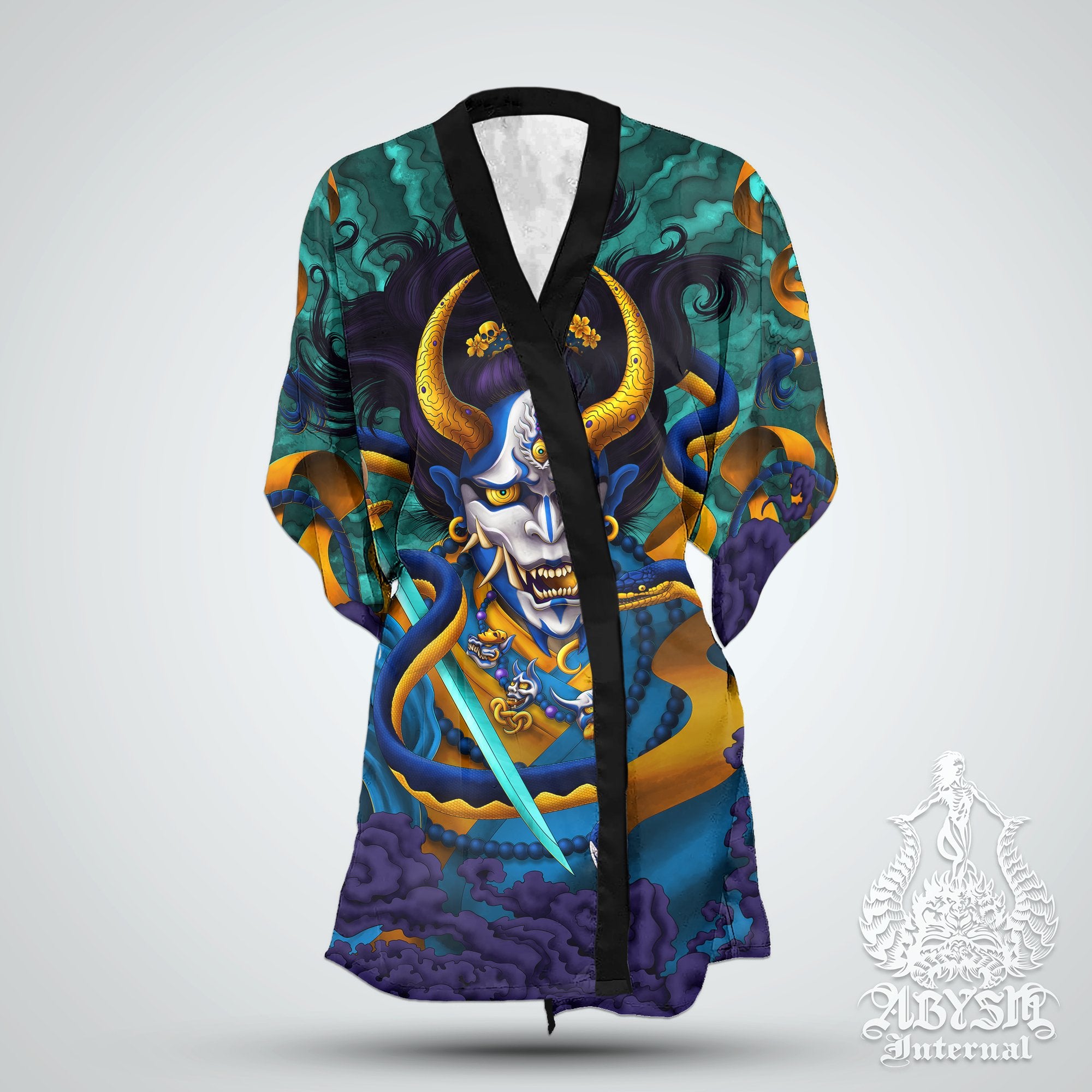 Hannya Short Kimono Robe, Beach Party Outfit, Demon Coverup, Japanese Oni Art, Summer Festival, Indie Clothing, Unisex - Snake, Cyan and Gold - Abysm Internal