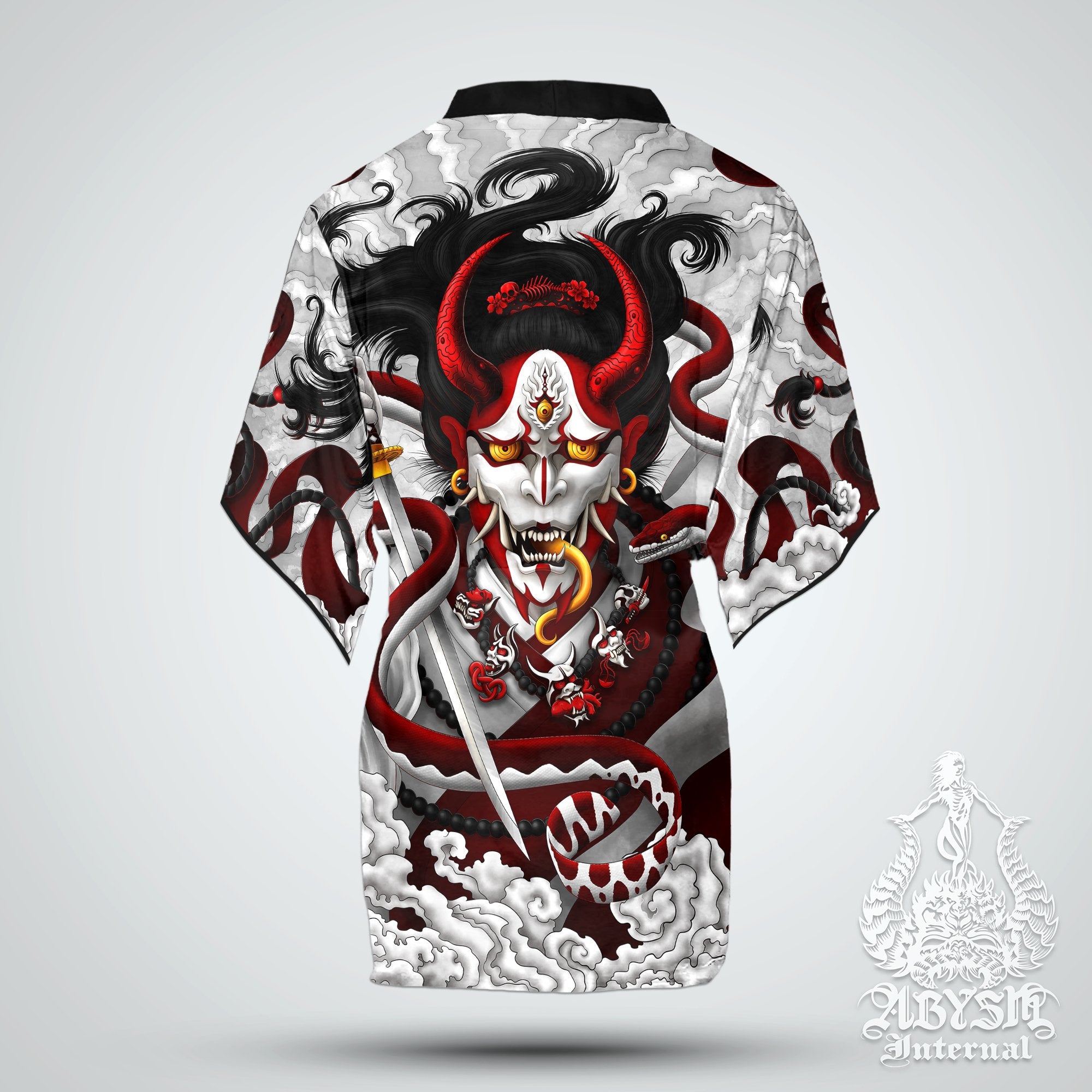 Hannya Short Kimono Robe, Beach Party Outfit, White and Red Oni Coverup, Japanese Demon Art, Summer Festival, Alternative Clothing, Unisex - Snake, Bloody Goth - Abysm Internal