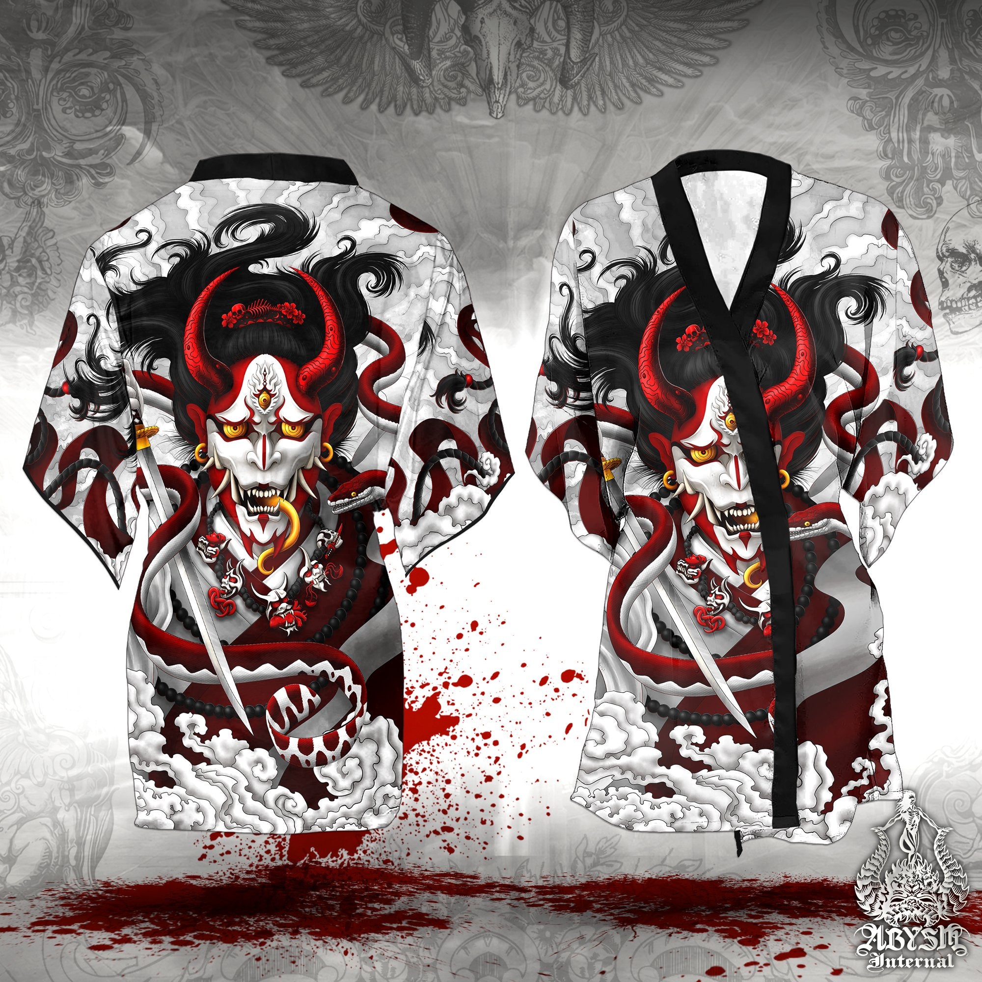Hannya Short Kimono Robe, Beach Party Outfit, White and Red Oni Coverup, Japanese Demon Art, Summer Festival, Alternative Clothing, Unisex - Snake, Bloody Goth - Abysm Internal