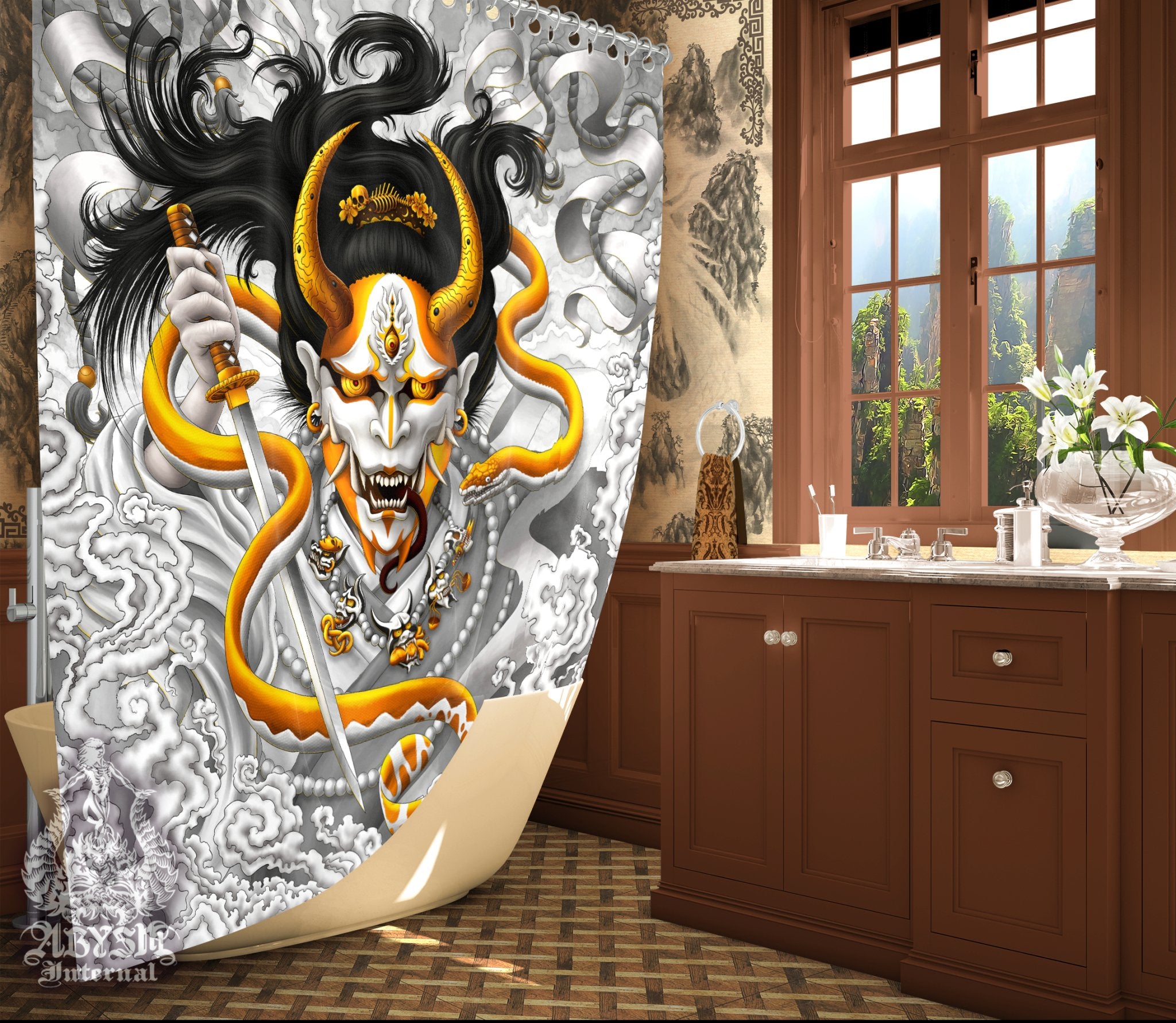 Hannya Shower Curtain, 71x74 inches, Japanese Demon and Snake, Youkai Anime and Gamer Bathroom Decor - Gold White - Abysm Internal