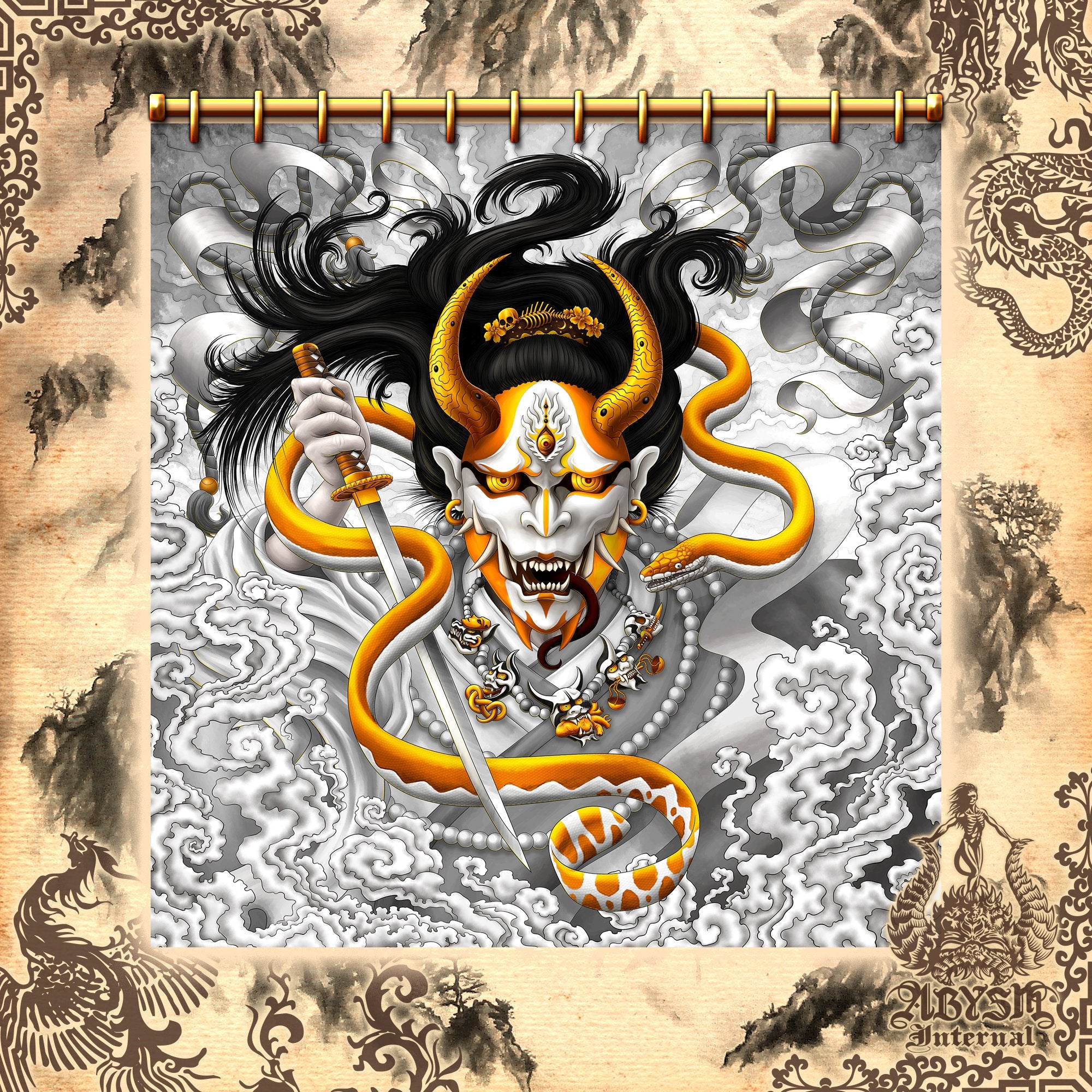 Hannya Shower Curtain, 71x74 inches, Japanese Demon and Snake, Youkai Anime and Gamer Bathroom Decor - Gold White - Abysm Internal