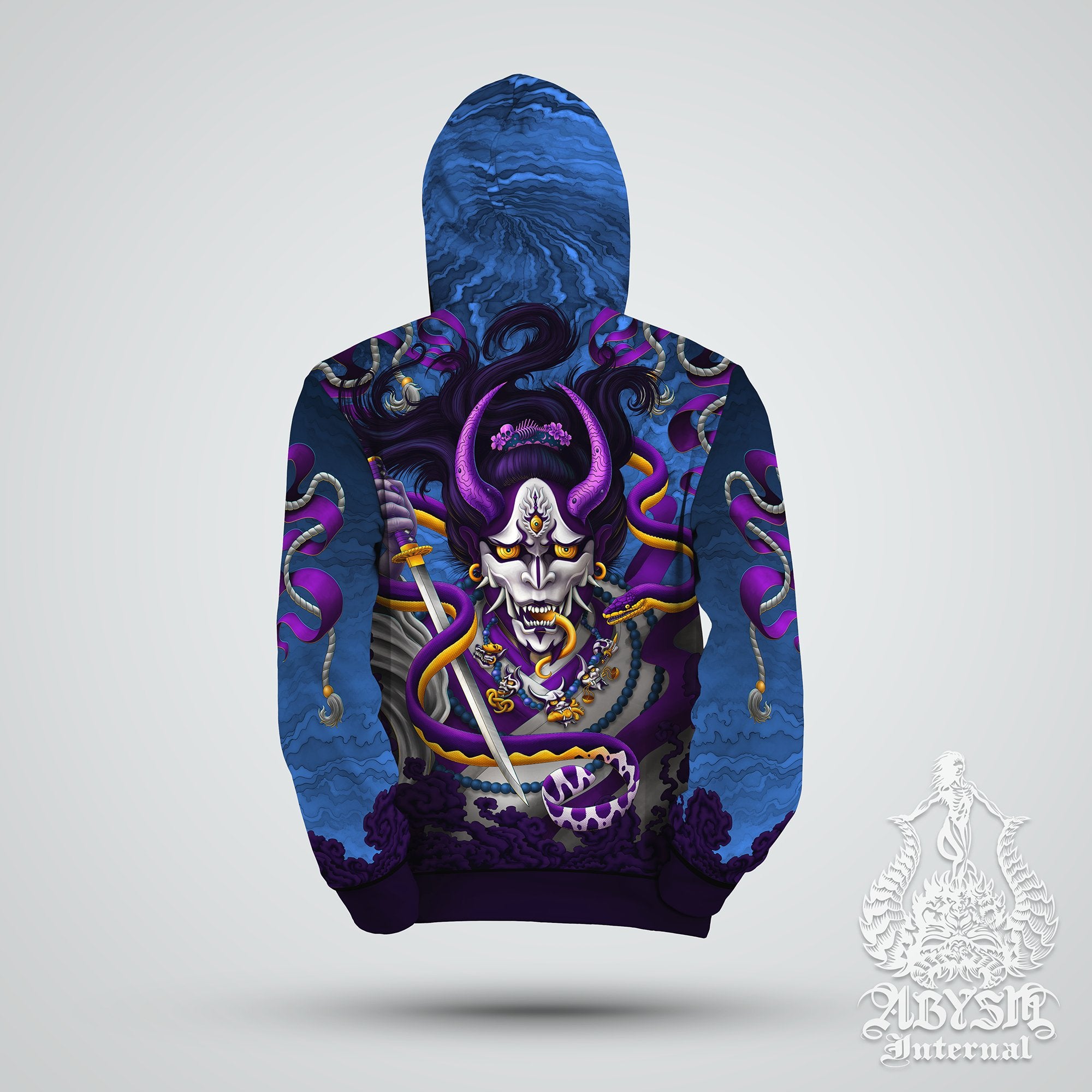 Hannya & Snake Hoodie, Demon Sweater, Anime and Manga Streetwear, Fantasy Street Dancer Outfit, Japanese Oni Pullover, Alternative Clothing, Unisex - Blue and Purple - Abysm Internal