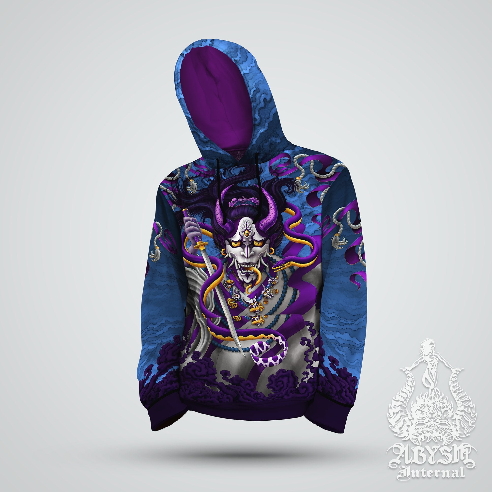 Hannya & Snake Hoodie, Demon Sweater, Anime and Manga Streetwear, Fantasy Street Dancer Outfit, Japanese Oni Pullover, Alternative Clothing, Unisex - Blue and Purple - Abysm Internal