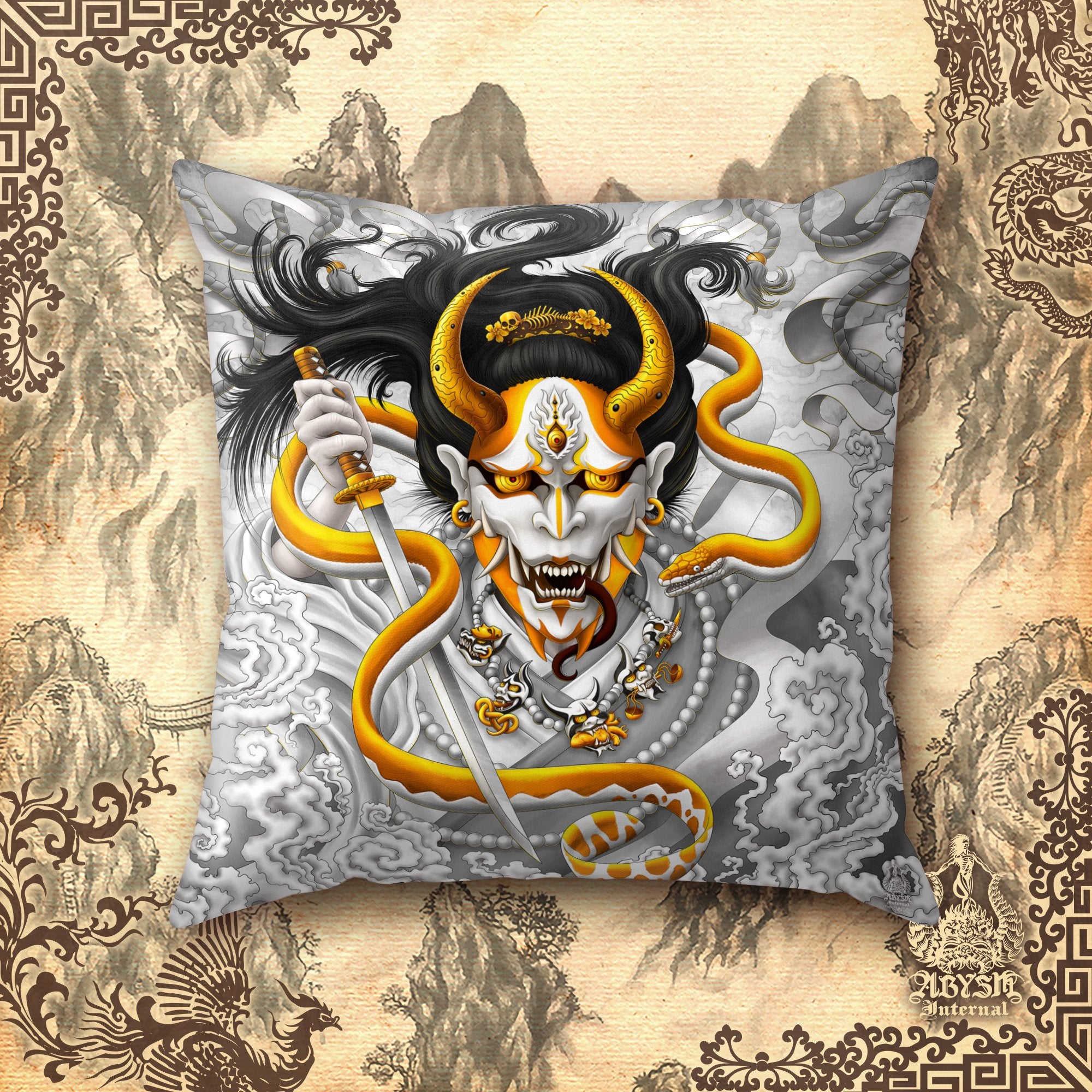 Hannya Throw Pillow, Decorative Accent Pillow, Square Cushion Cover, Japanese Demon & Snake, Anime Room Decor - White Gold - Abysm Internal