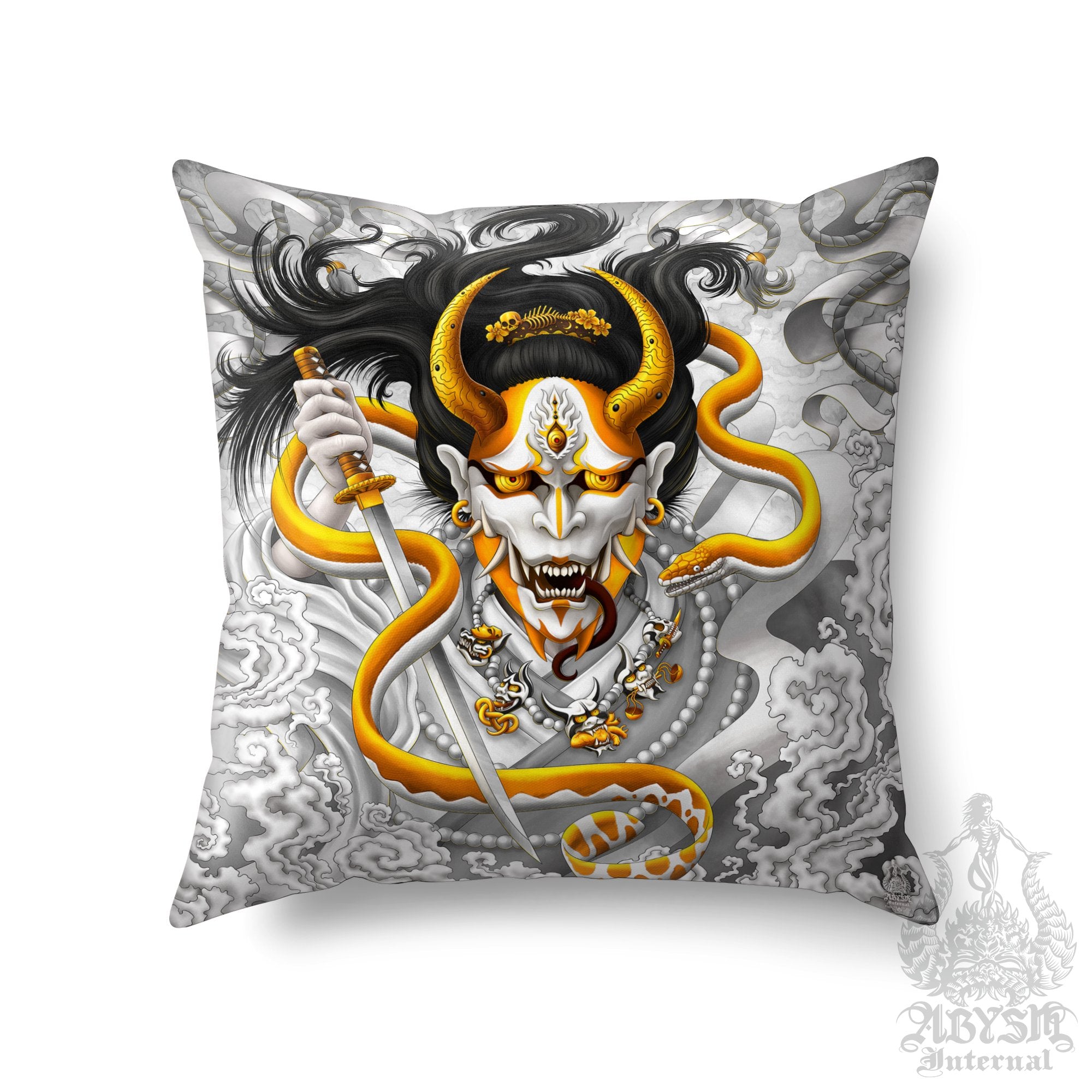 Hannya Throw Pillow, Decorative Accent Pillow, Square Cushion Cover, Japanese Demon & Snake, Anime Room Decor - White Gold - Abysm Internal
