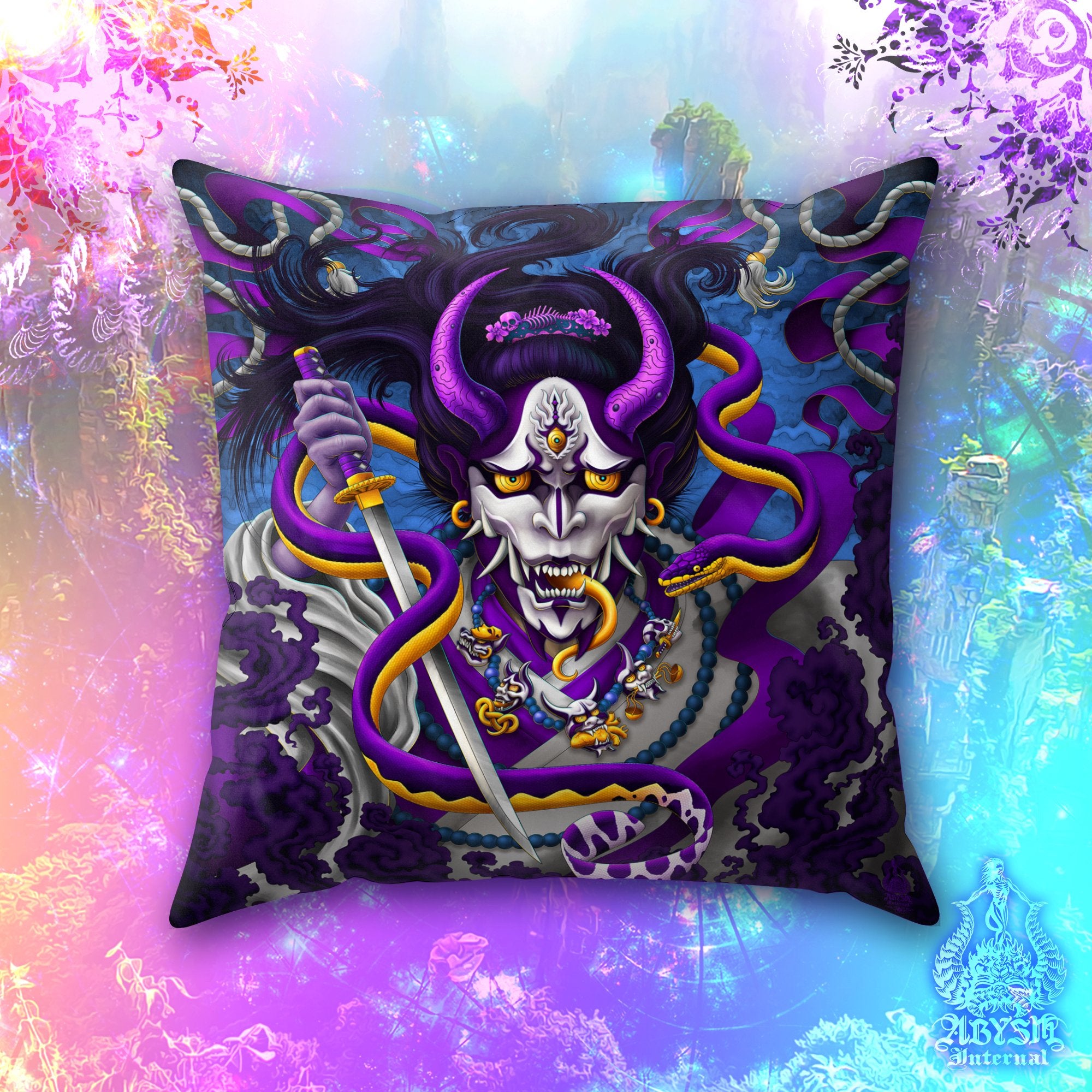 Hannya Throw Pillow, Decorative Accent Pillow, Square Cushion Cover, Japanese Demon & Snake, Gamer Room Decor - Blue & Purple - Abysm Internal