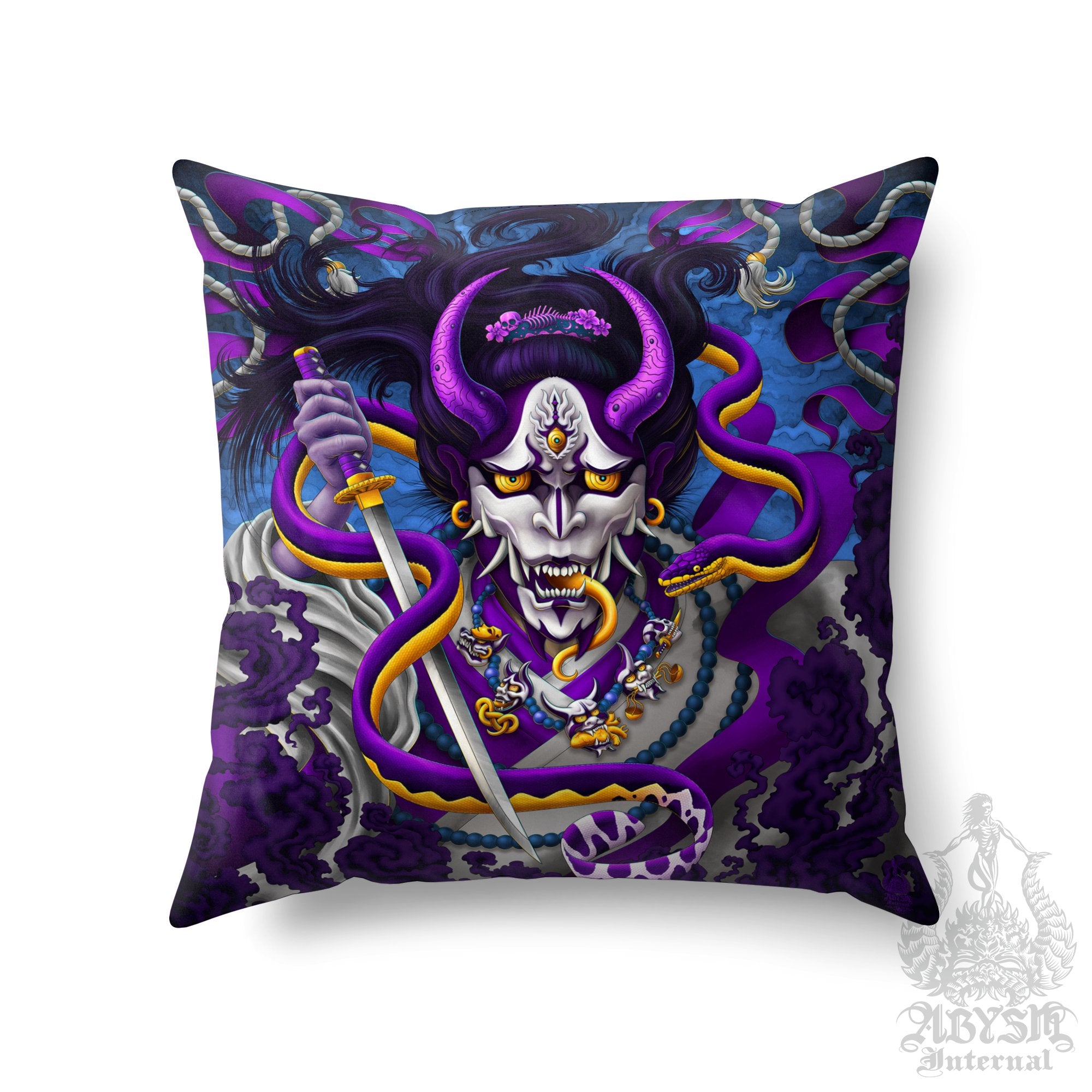 Hannya Throw Pillow, Decorative Accent Pillow, Square Cushion Cover, Japanese Demon & Snake, Gamer Room Decor - Blue & Purple - Abysm Internal