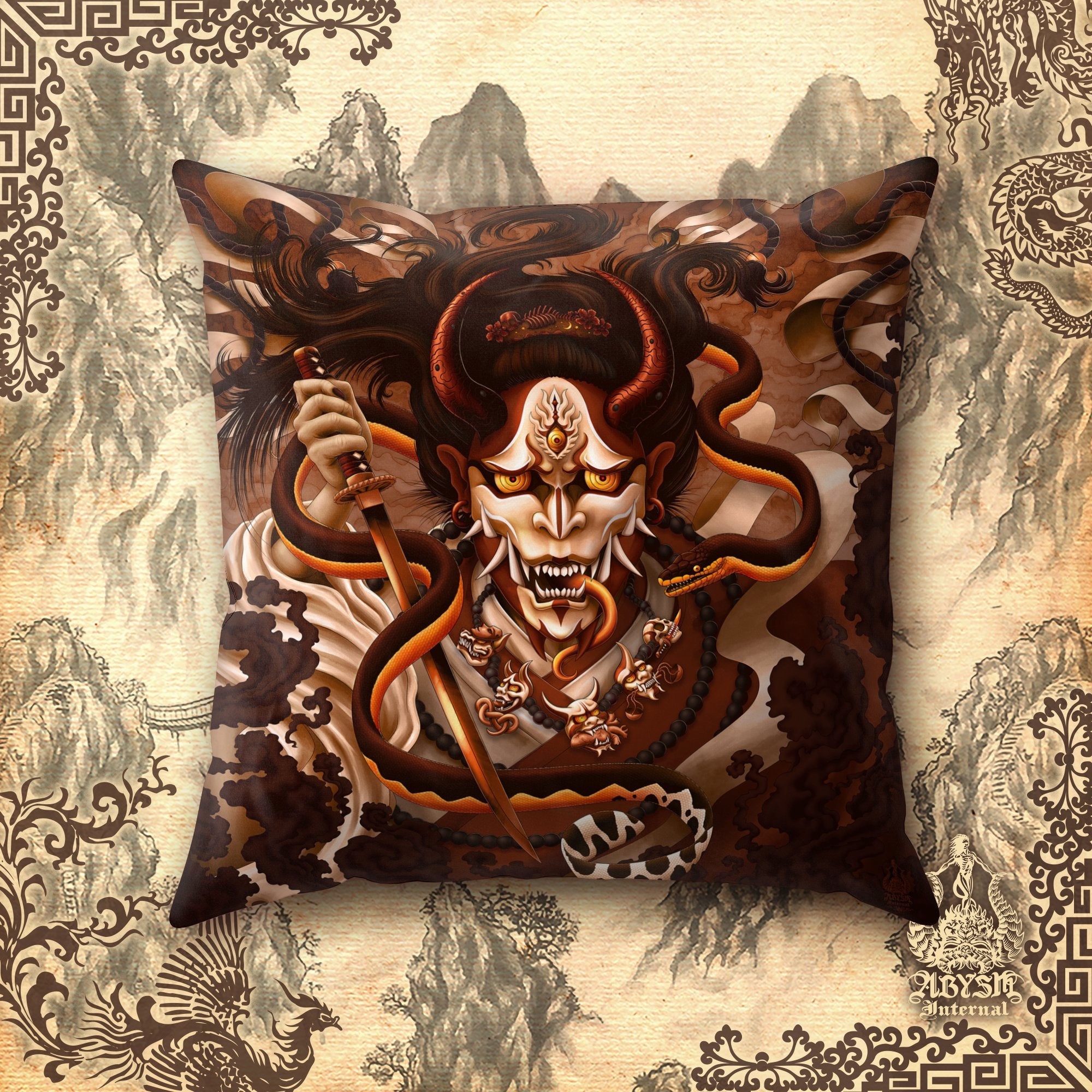 Hannya Throw Pillow, Decorative Accent Pillow, Square Cushion Cover, Japanese Demon & Snake, Gamer Room Decor - Cream - Abysm Internal
