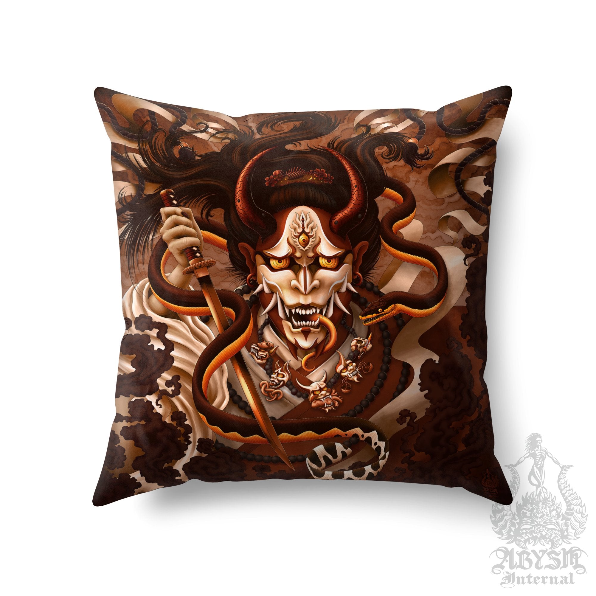 Hannya Throw Pillow, Decorative Accent Pillow, Square Cushion Cover, Japanese Demon & Snake, Gamer Room Decor - Cream - Abysm Internal