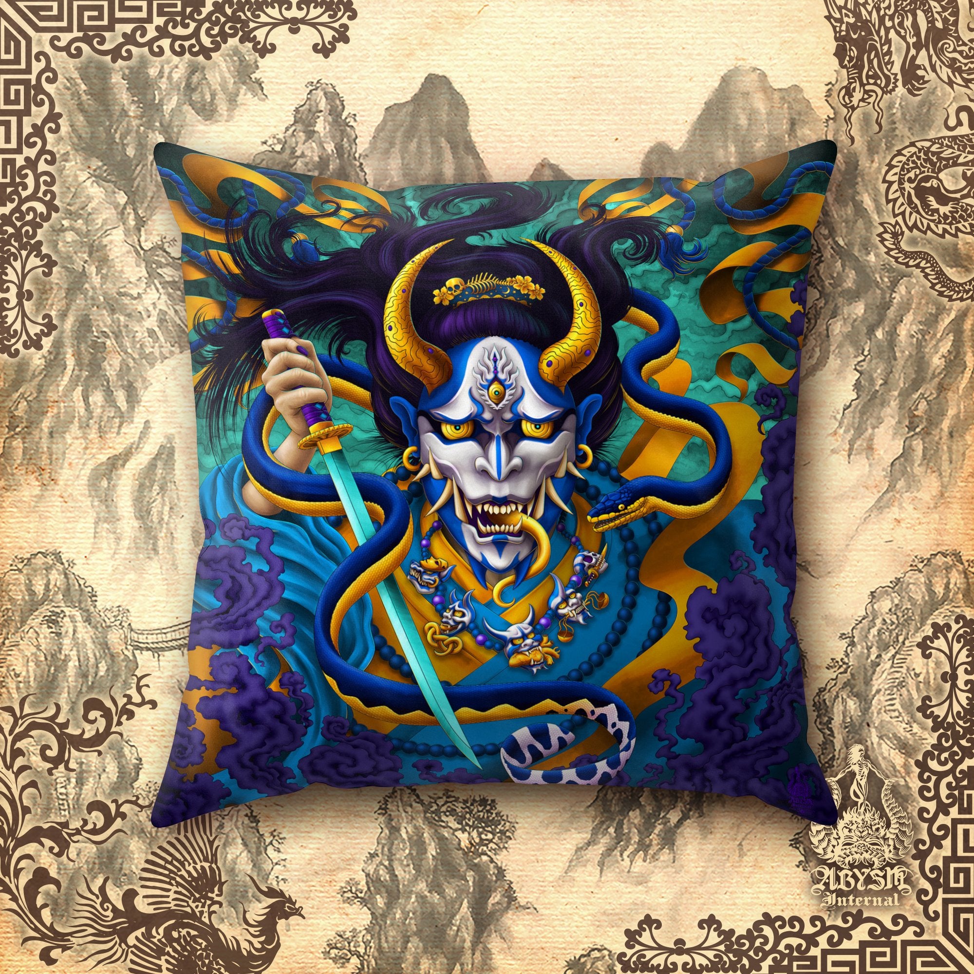 Hannya Throw Pillow, Decorative Accent Pillow, Square Cushion Cover, Japanese Demon & Snake, Gamer Room Decor - Cyan Gold - Abysm Internal