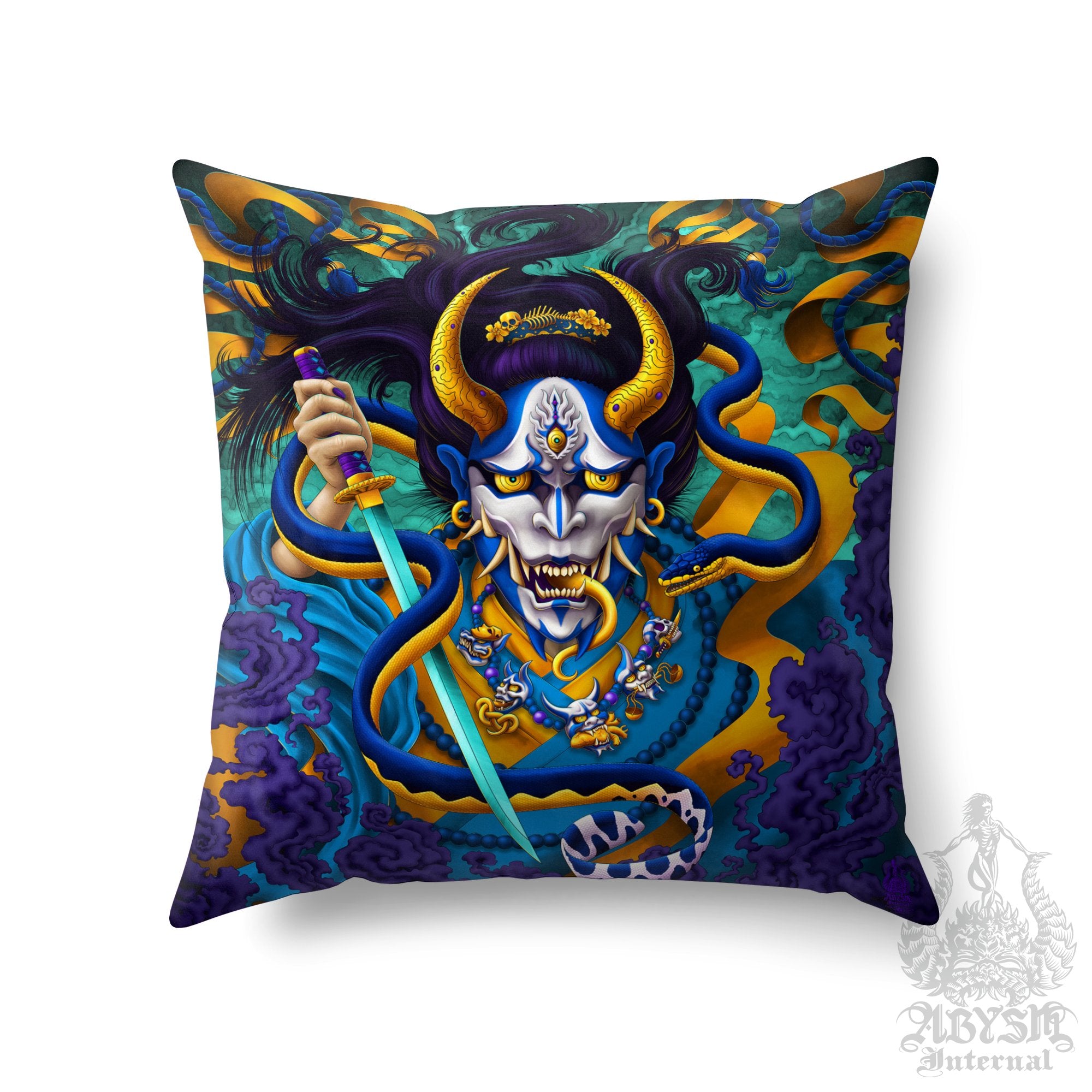 Hannya Throw Pillow, Decorative Accent Pillow, Square Cushion Cover, Japanese Demon & Snake, Gamer Room Decor - Cyan Gold - Abysm Internal
