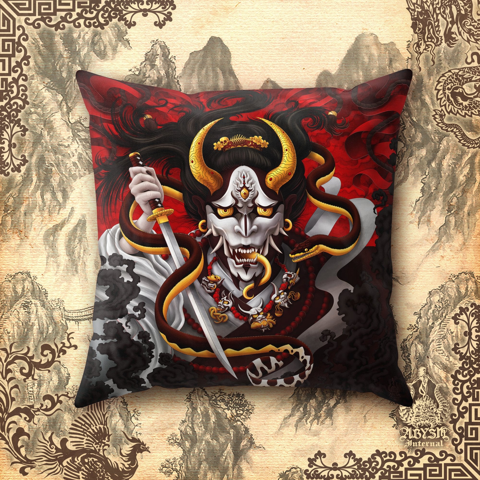 Hannya Throw Pillow, Decorative Accent Pillow, Square Cushion Cover, Japanese Demon & Snake, Gamer Room Decor - Original - Abysm Internal