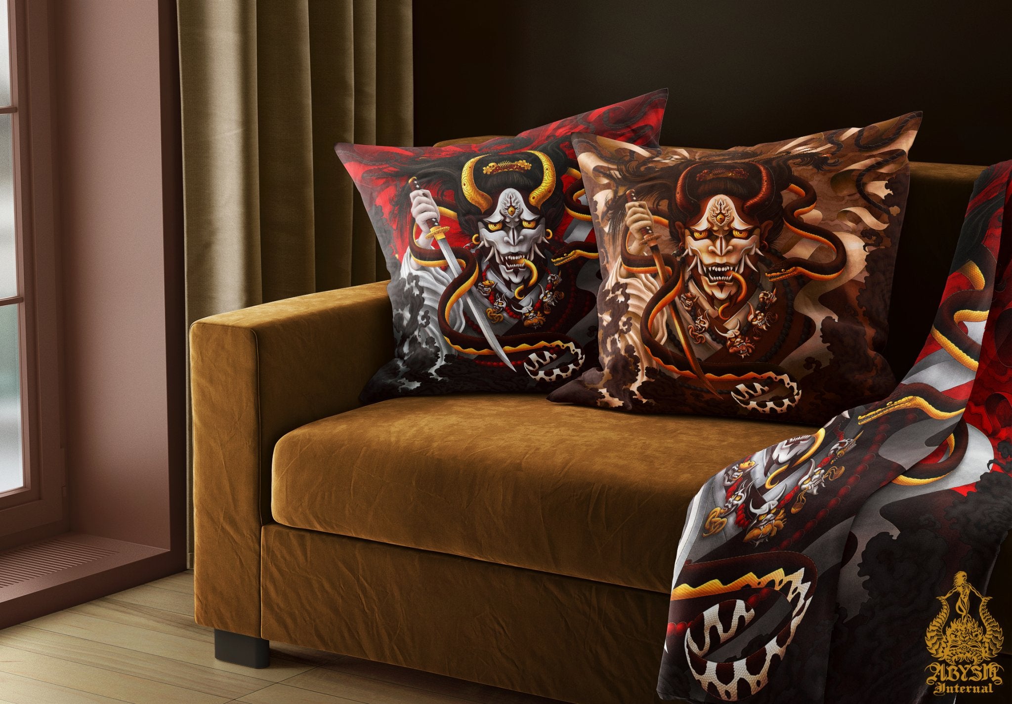 Hannya Throw Pillow, Decorative Accent Pillow, Square Cushion Cover, Japanese Demon & Snake, Gamer Room Decor - Original - Abysm Internal