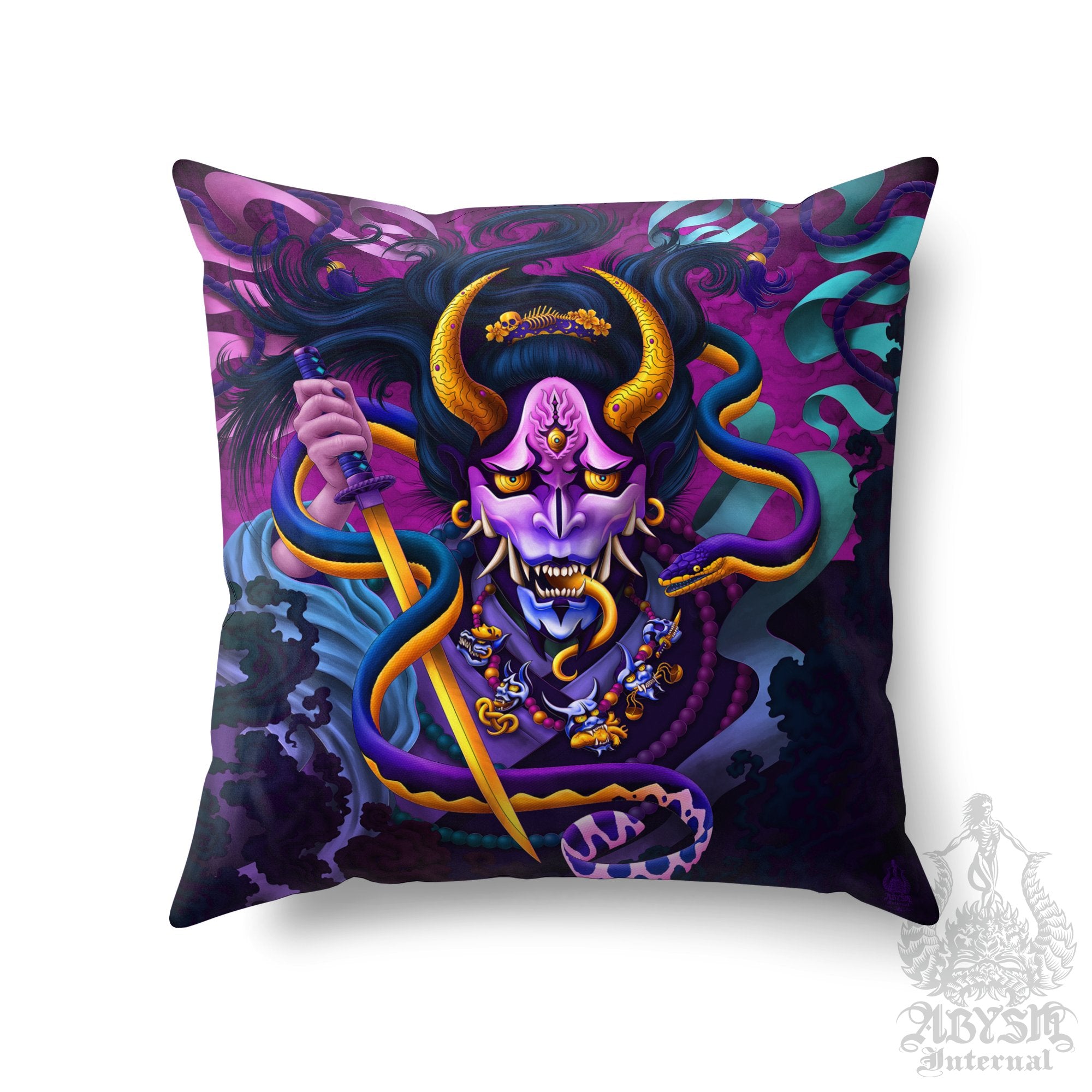 Hannya Throw Pillow, Decorative Accent Pillow, Square Cushion Cover, Japanese Demon & Snake, Gamer Room Decor - Pastel Black - Abysm Internal