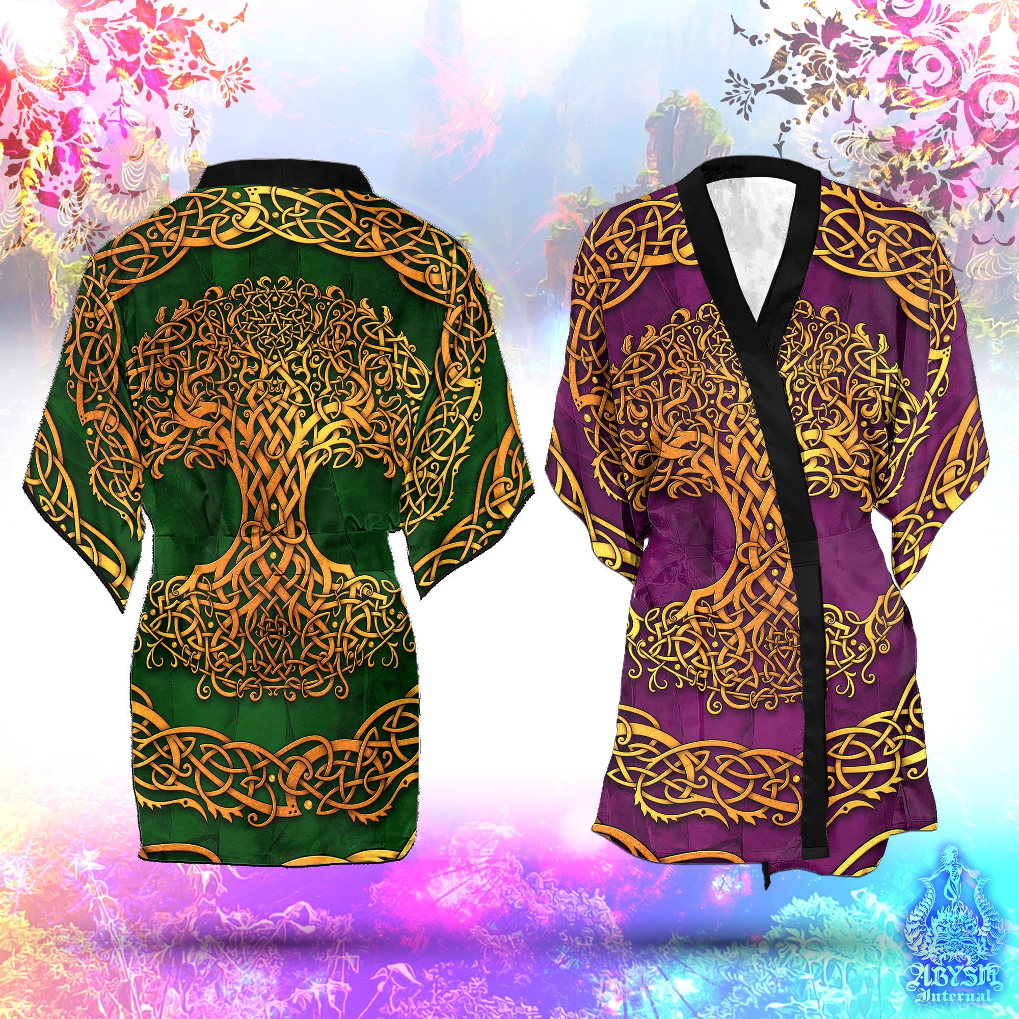 Hippie Short Kimono Robe, Beach Party Outfit, Celtic Tree of Life Coverup, Wicca Summer Festival, Witchy Indie Clothing, Unisex - Gold and Colors: Green, Purple, Black - Abysm Internal