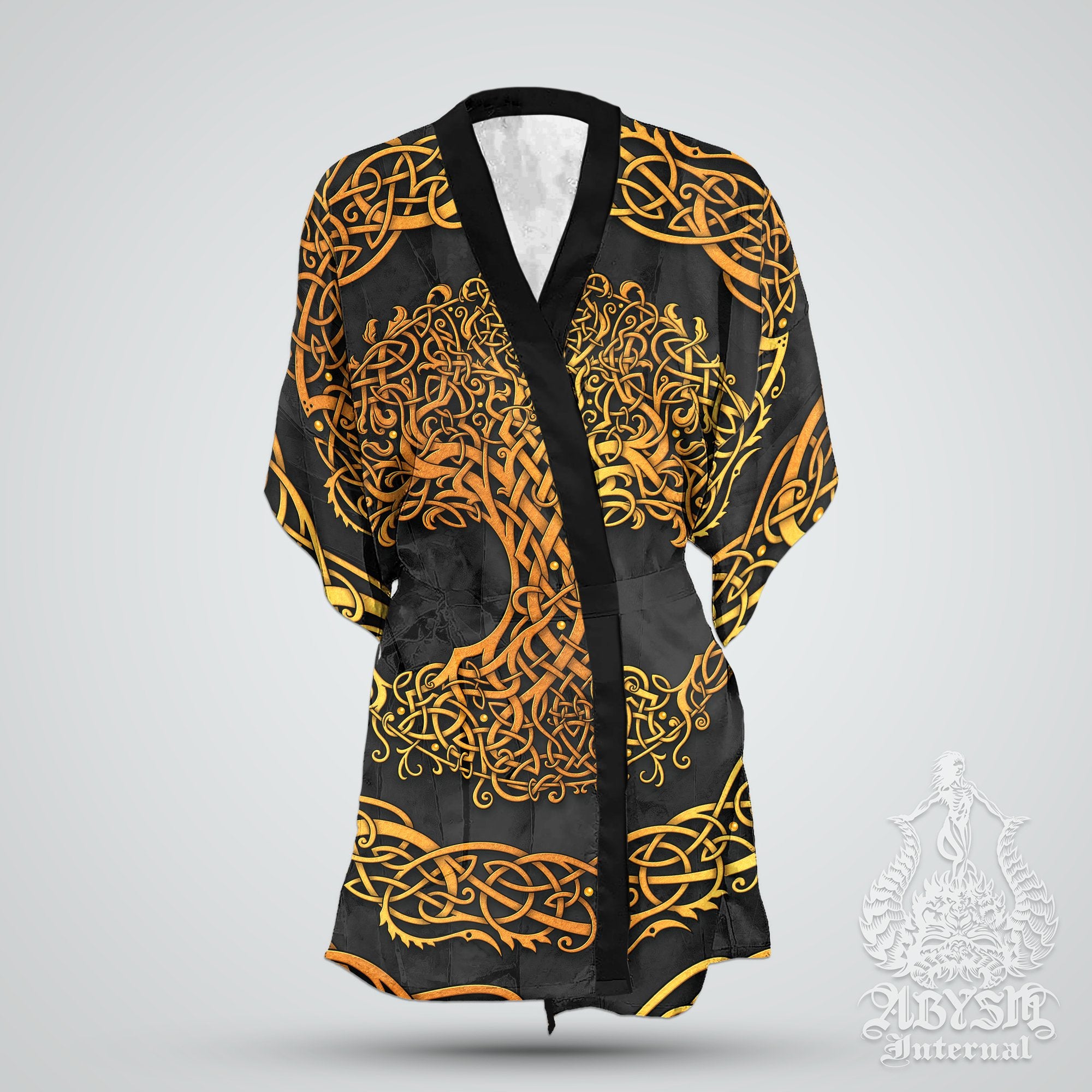 Hippie Short Kimono Robe, Beach Party Outfit, Celtic Tree of Life Coverup, Wicca Summer Festival, Witchy Indie Clothing, Unisex - Gold and Colors: Green, Purple, Black - Abysm Internal
