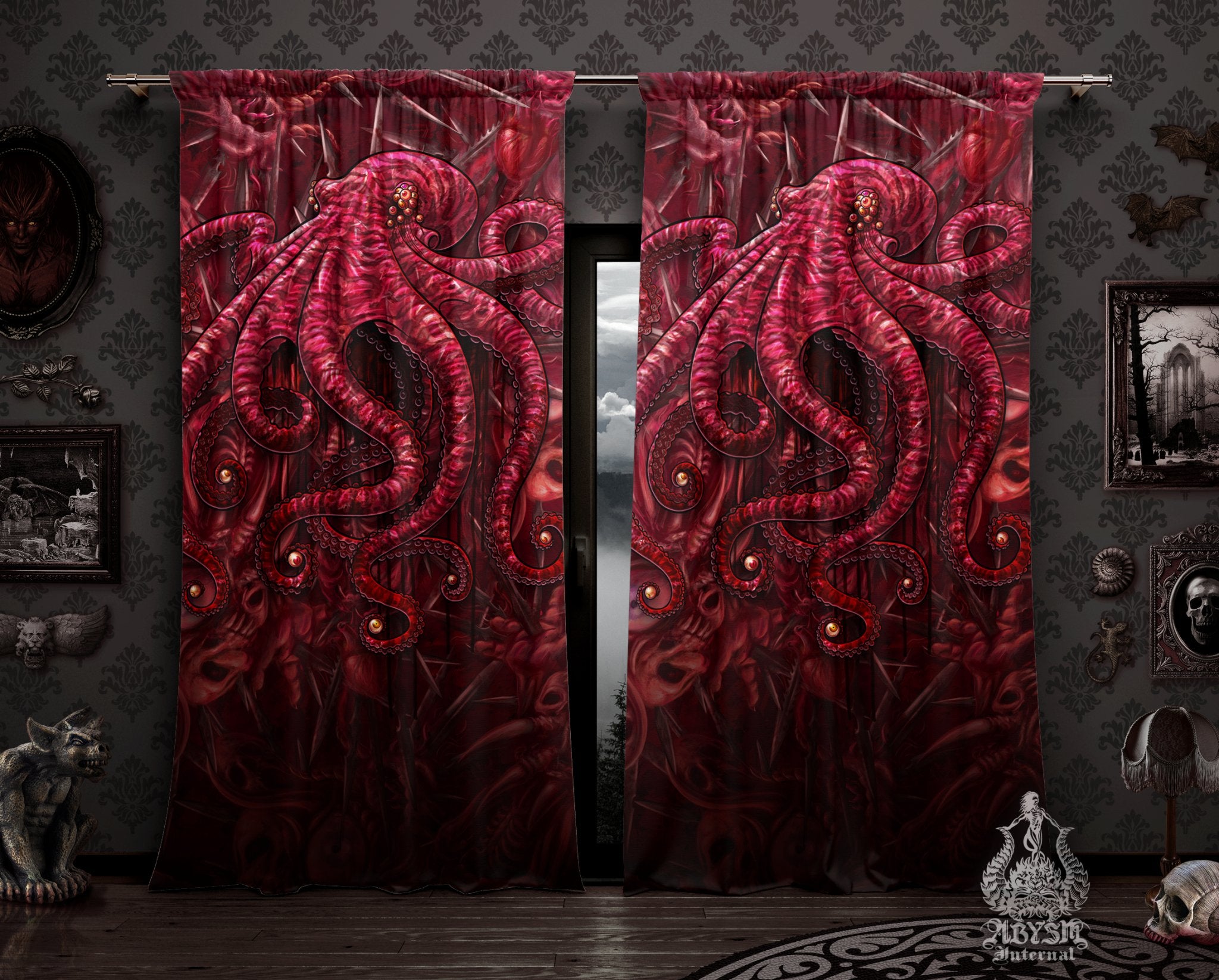 Horror Curtains, 50x84' Printed Window Panels, Octopus Art Print, Halloween Decor - Gore & Blood and Eyeballs - Abysm Internal