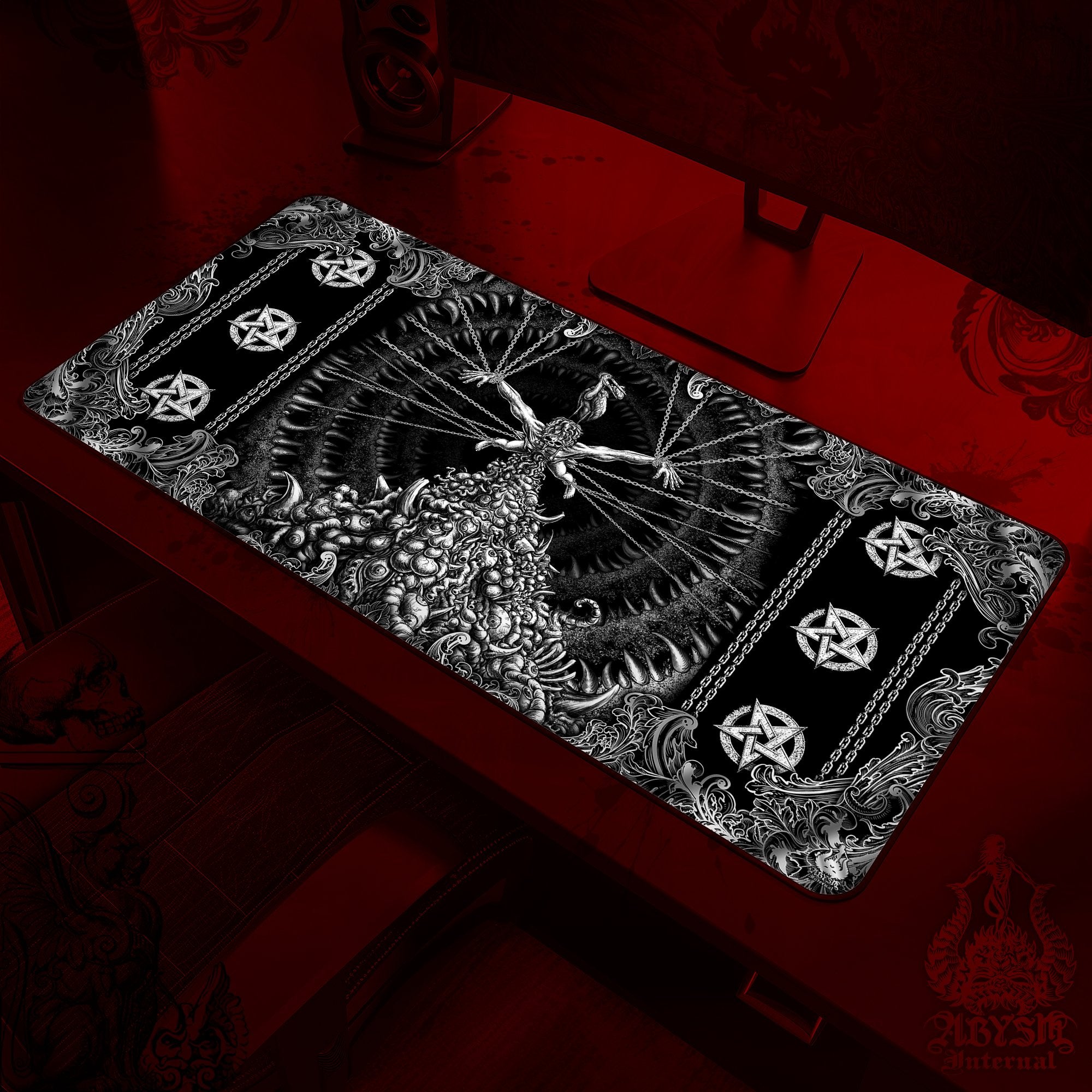 Horror Desk Mat, Goth Hell Gaming Mouse Pad, Gothic Table Protector Cover, Gore and Blood Workpad, Dark Fantasy Art Print - Pentagrams, Purging - Abysm Internal