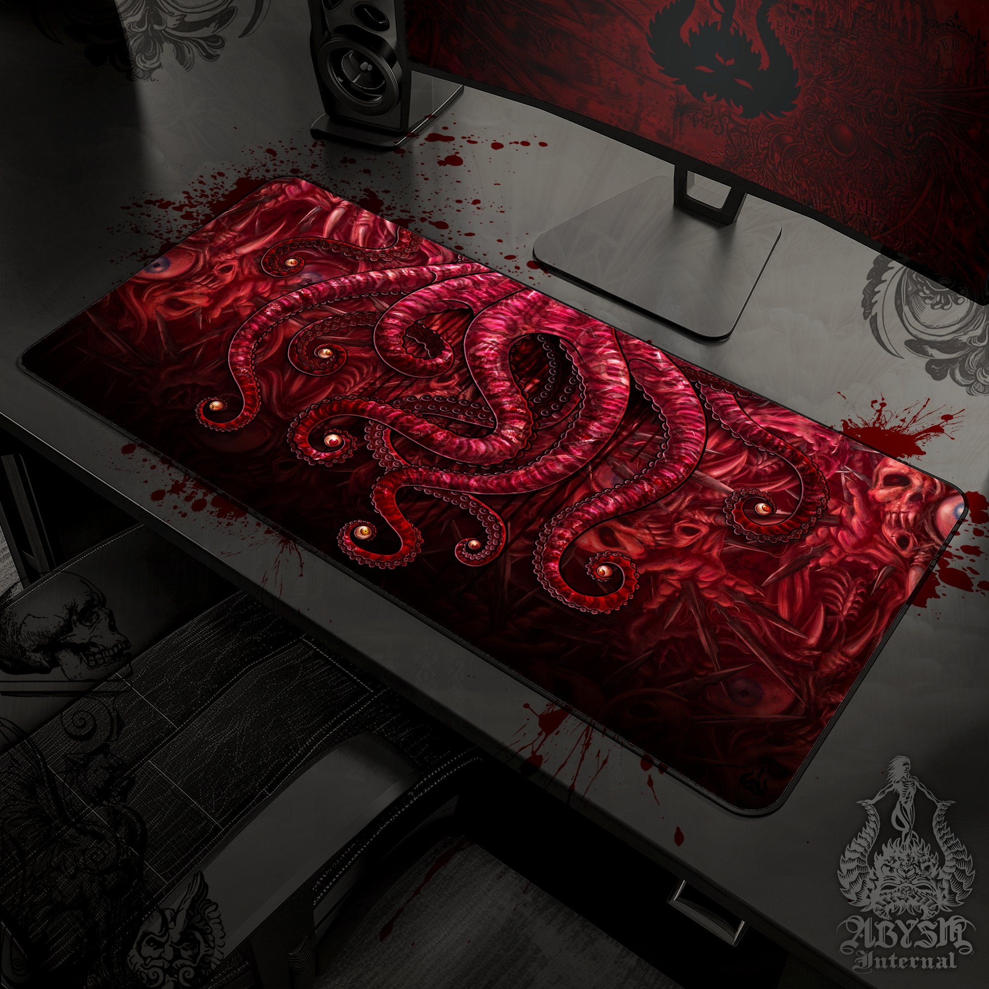Horror Desk Mat, Monster Eyeballs Gaming Mouse Pad, Halloween Tentacles Table Protector Cover, Octopus Workpad, Art Print - Gore Blood - Abysm Internal