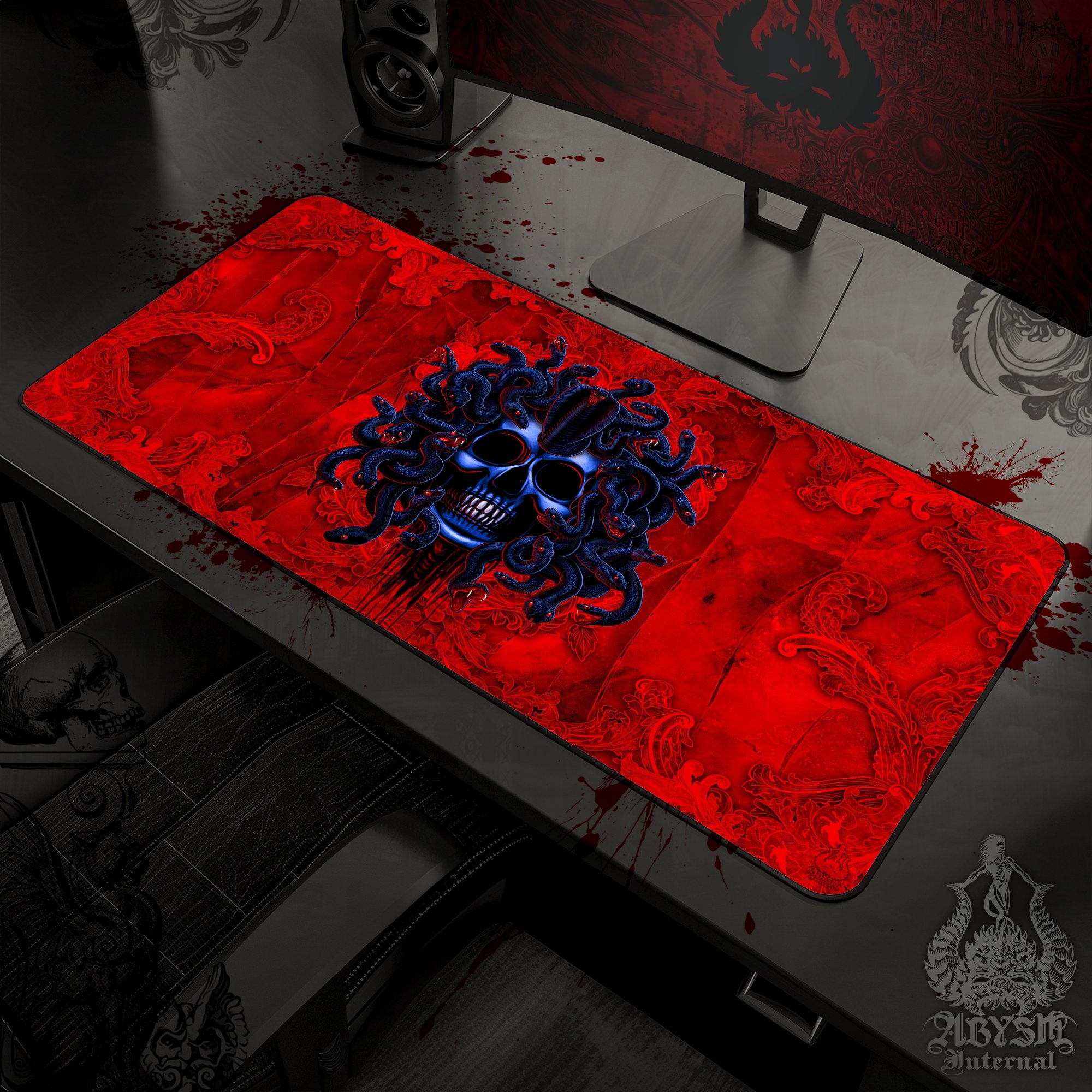 Horror Gaming Desk Mat, Medusa Mouse Pad, Skull Table Protector Cover, Halloween Workpad, Dark Fantasy Art Print - Bad Neon, 3 Options - Abysm Internal