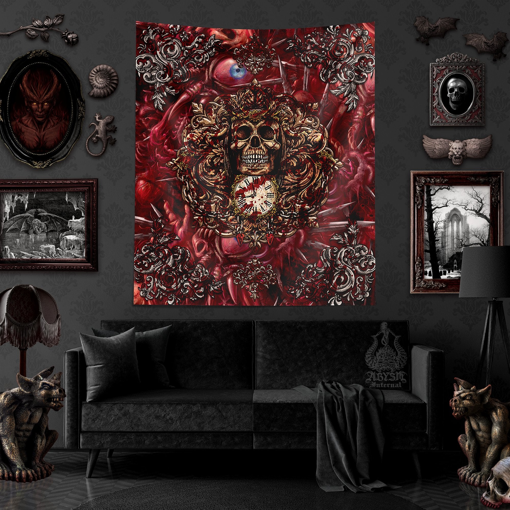 Horror Tapestry, Grim Reaper, Halloween Wall Hanging, Spooky Home Decor, Vertical Art Print, Skull - Gore & Blood - Abysm Internal