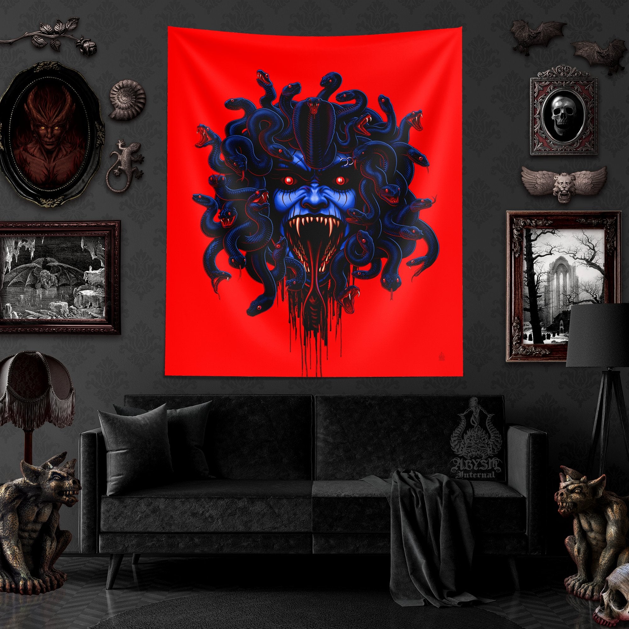 Horror Tapestry, Skull Red Wall Hanging, Halloween Home Decor, Vertical Art Print - Neon Medusa & Snakes, 3 Faces - Abysm Internal