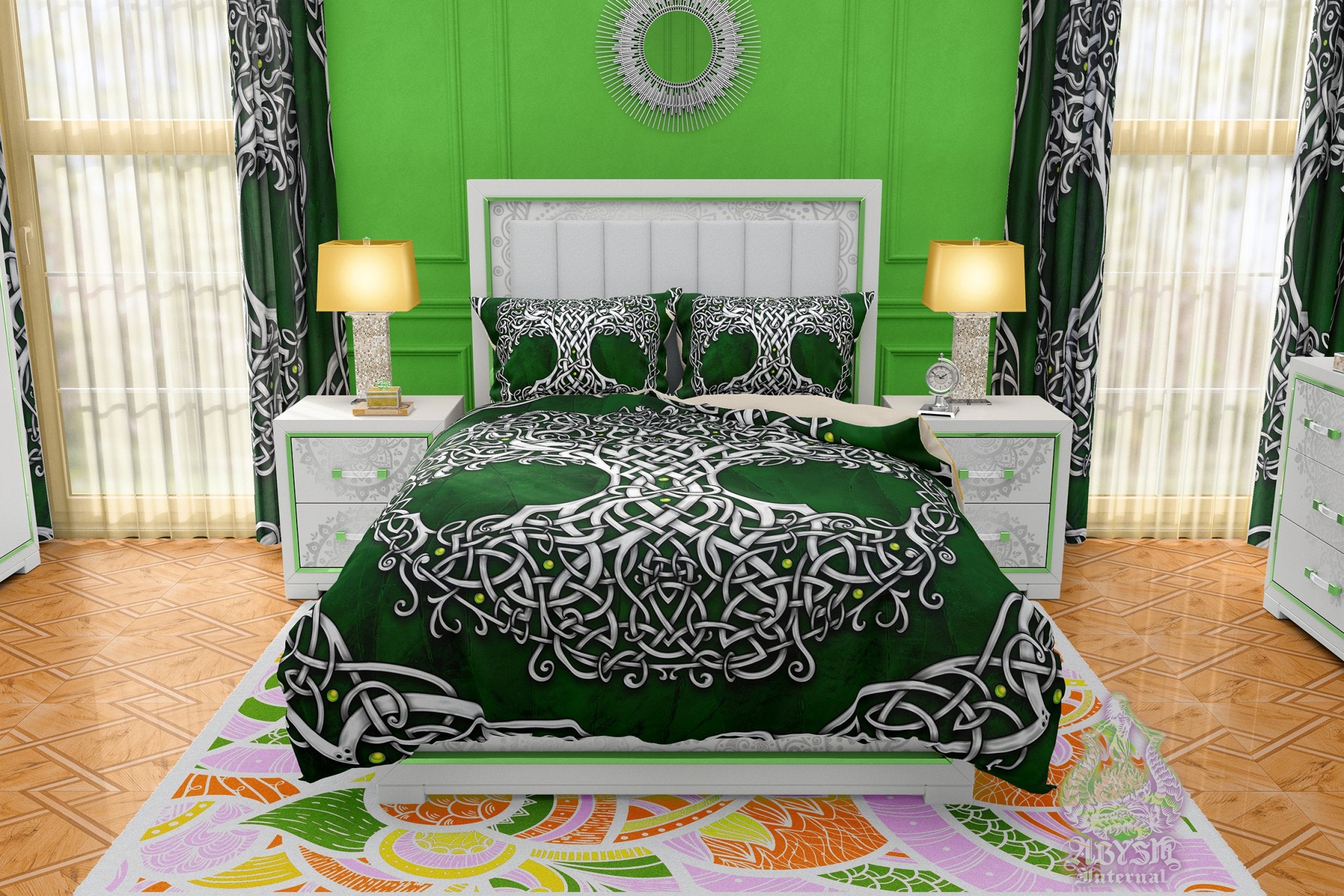 Indie Bed Cover, Pagan Bedding Set, Witchy Comforter or Duvet, Tree of Life Bedroom Decor King, Queen & Twin Size - Celtic, White and 3 Colors: Purple, Green, Black - Abysm Internal