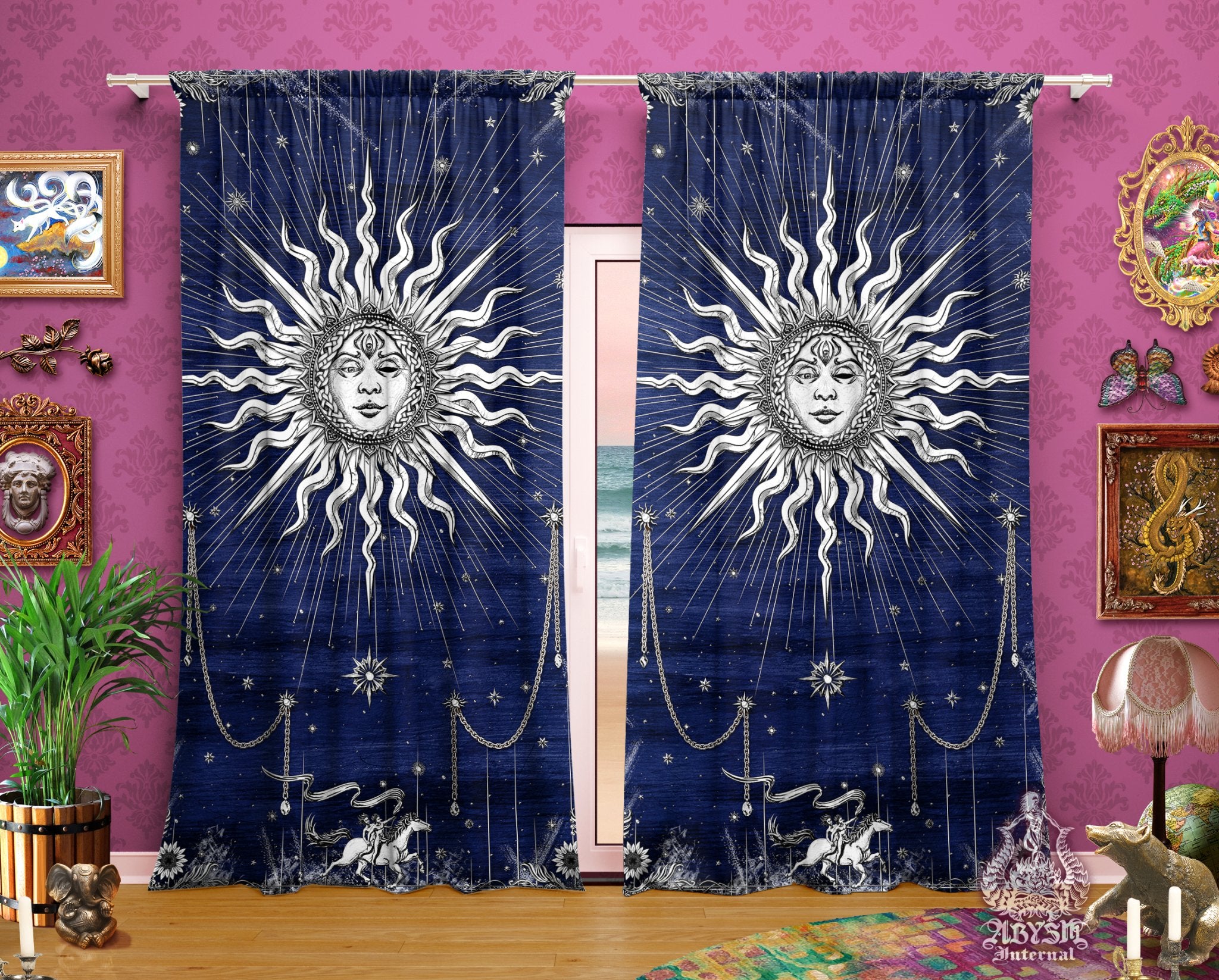Indie Sun Curtains, 50x84' Printed Window Panels, Boho Home Decor, Tarot Arcana, Esoteric Art Print - Paper White, 6 Colors - Abysm Internal