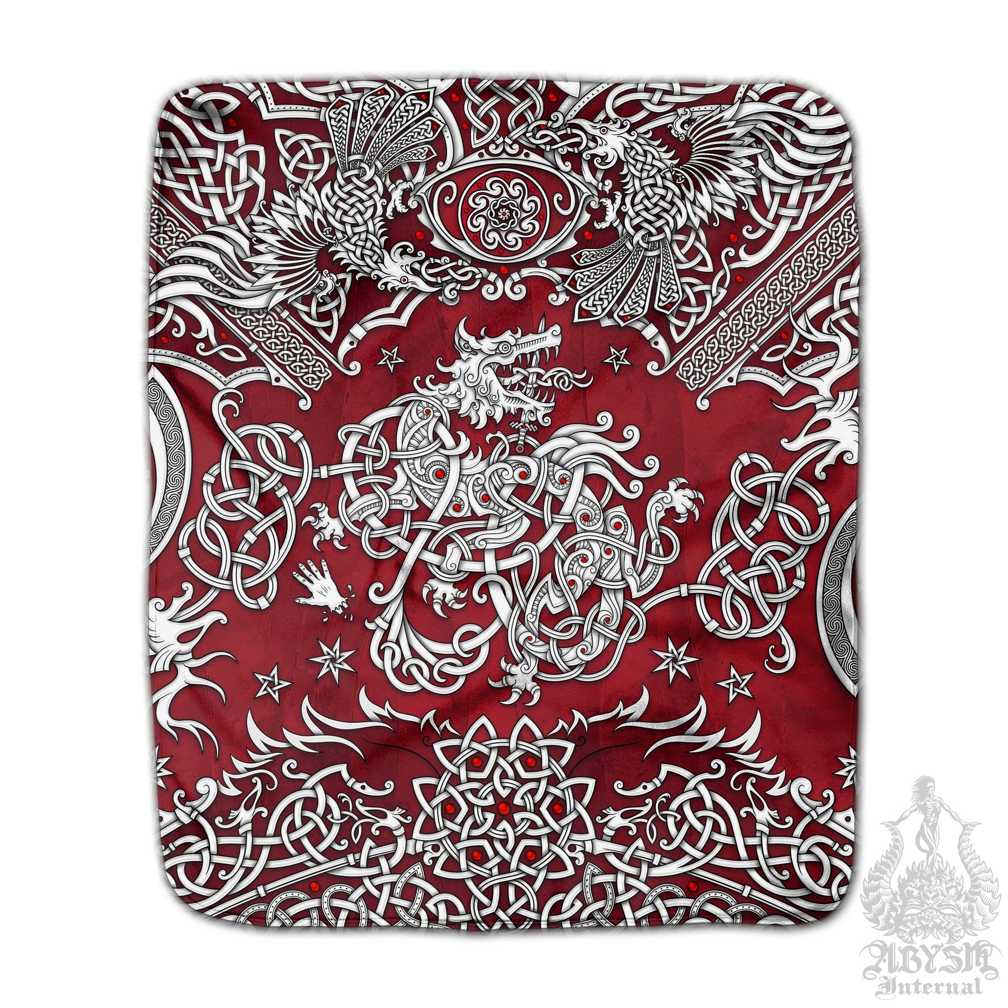 Intricate black and white throw Sherpa fleece blanket with the mythological wolf Fenrir made in Viking style art. - Abysm Internal