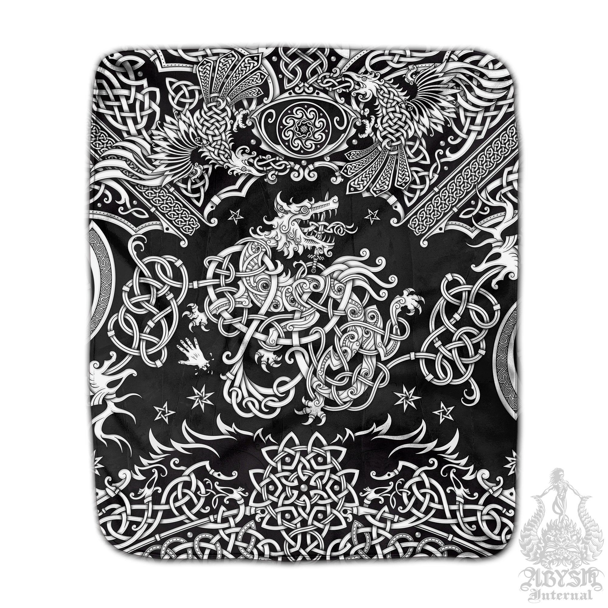 Intricate black and white throw Sherpa fleece blanket with the mythological wolf Fenrir made in Viking style art. - Abysm Internal