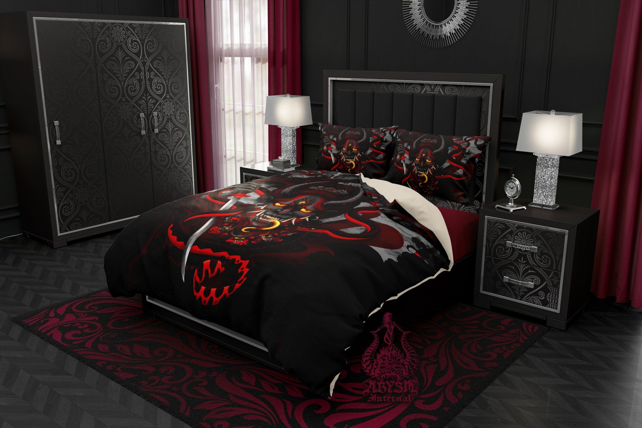 Japanese Demon and Snake Bedding Set, Comforter or Duvet, Anime Bed Cover, Hannya Bedroom Decor, King, Queen & Twin Size - Black Red - Abysm Internal