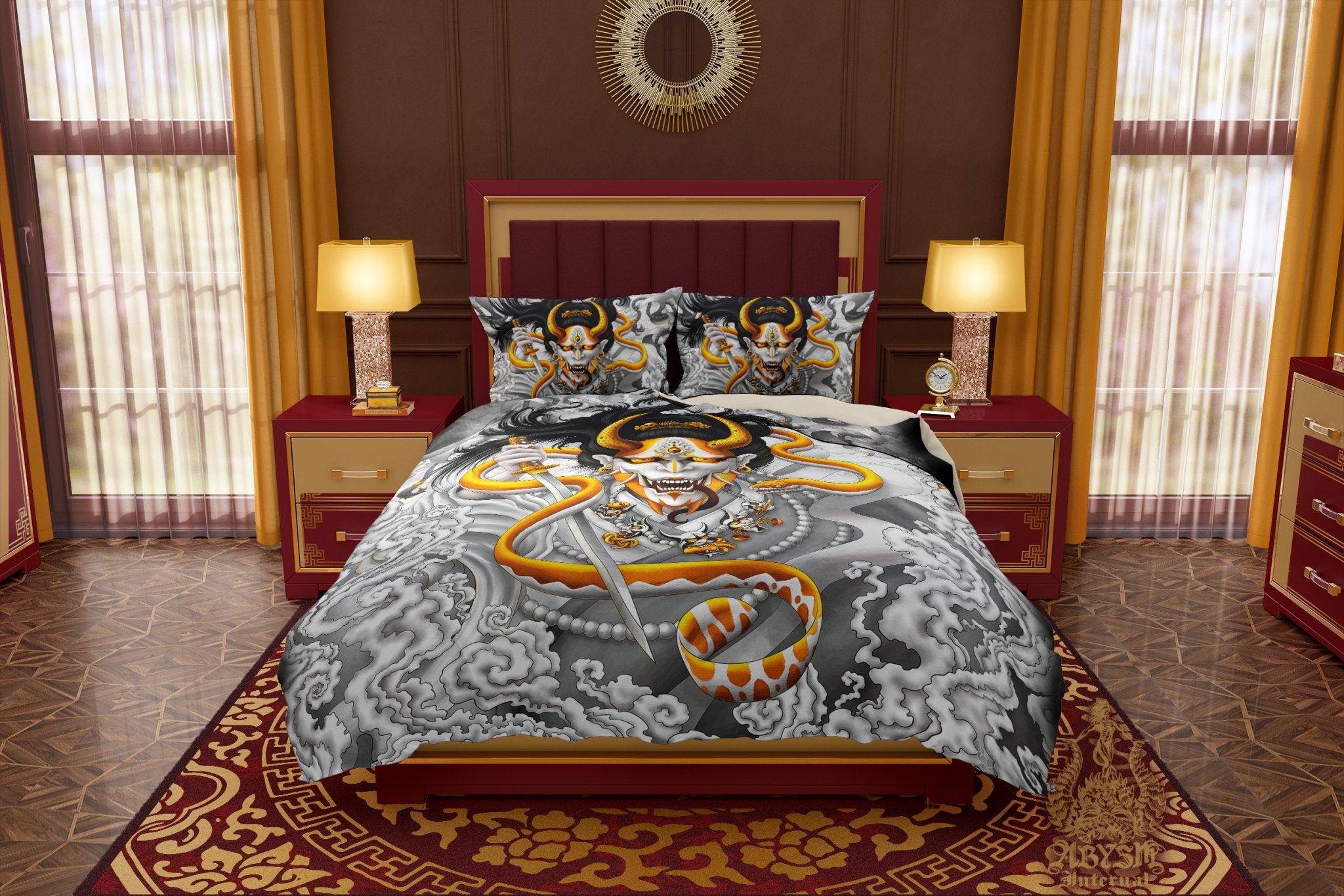 Japanese Demon Bedding Set, Comforter or Duvet, White and Gold Bed Cover, Anime Bedroom Decor, King, Queen & Twin Size - Snake and Hannya - Abysm Internal