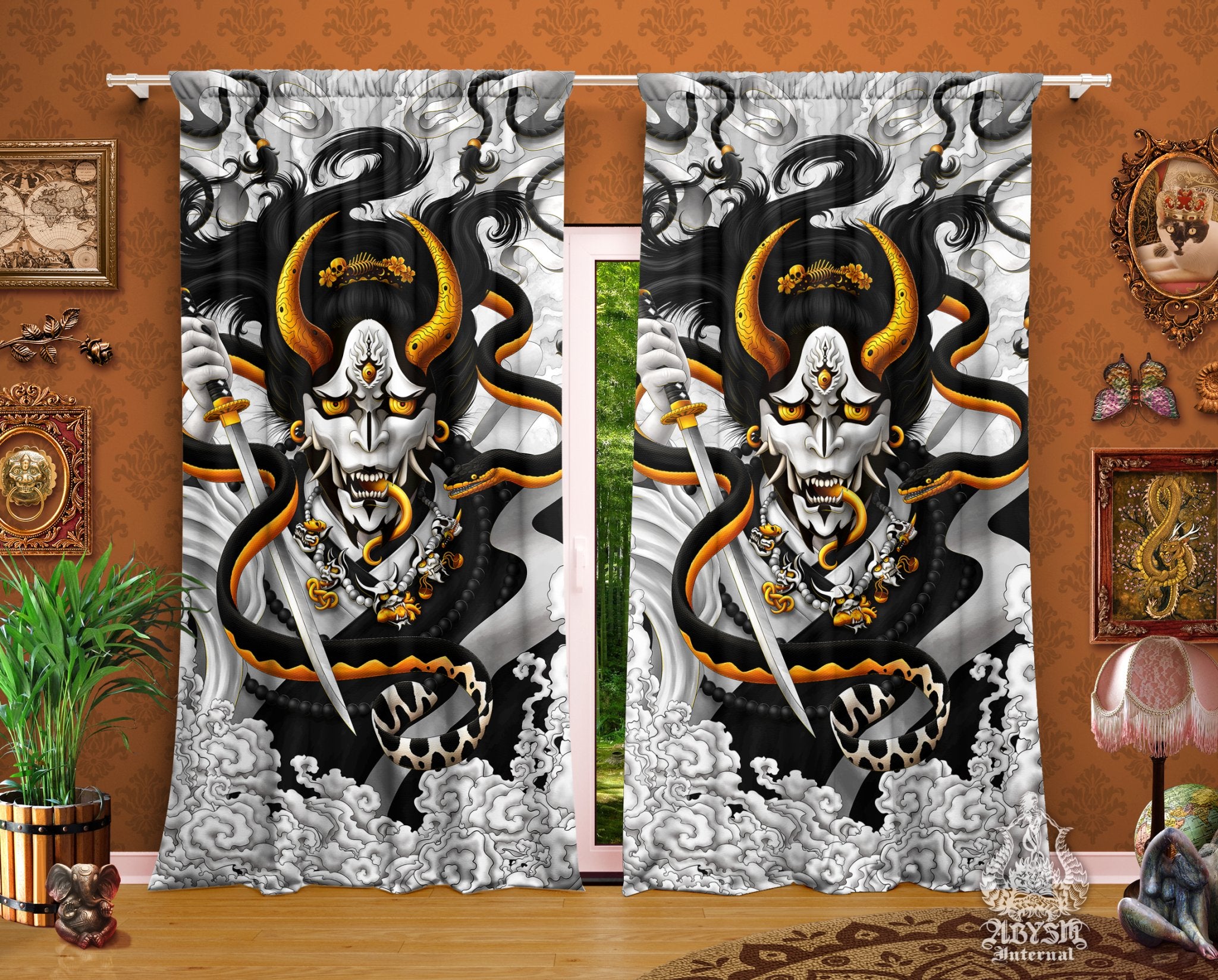 Japanese Demon Curtains, 50x84' Printed Window Panels, Hannya and Snake, Dark Fantasy Decor, Anime and Game Room Art Print - Black White - Abysm Internal