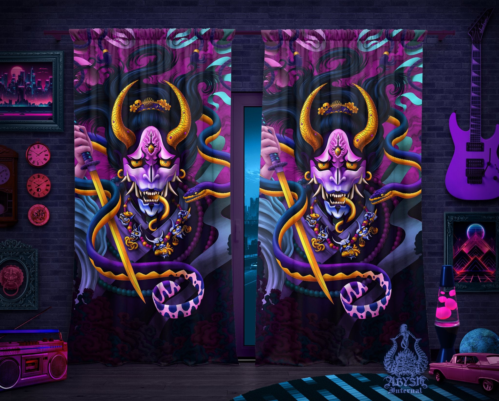 Japanese Demon Curtains, 50x84' Printed Window Panels, Hannya and Snake, Trippy Fantasy Decor, Anime and Game Room Art Print - Pastel Black - Abysm Internal