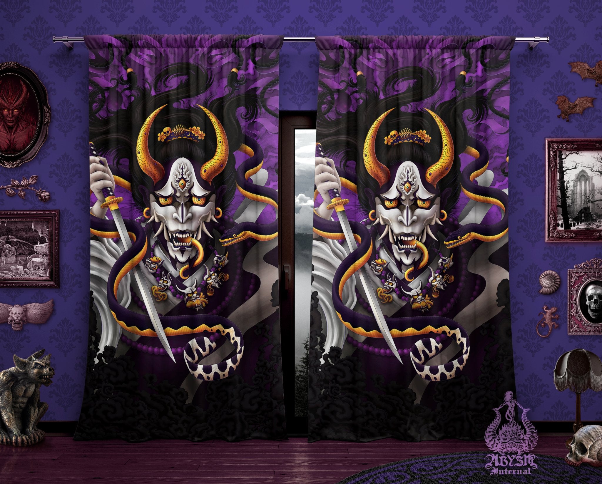 Japanese Demon Curtains, 50x84' Printed Window Panels, White Goth Hannya and Snake, Dark Fantasy Decor, Anime and Game Room Art Print - Purple - Abysm Internal