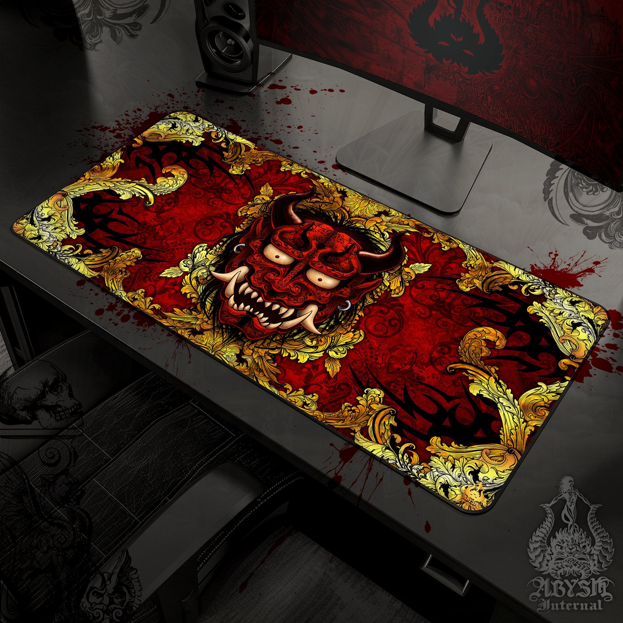 Japanese Demon Desk Mat, Gold Oni Gaming Mouse Pad, Gamer Table Protector Cover, Fantasy Workpad, Manga Yokai Art Print - 2 Colors - Abysm Internal
