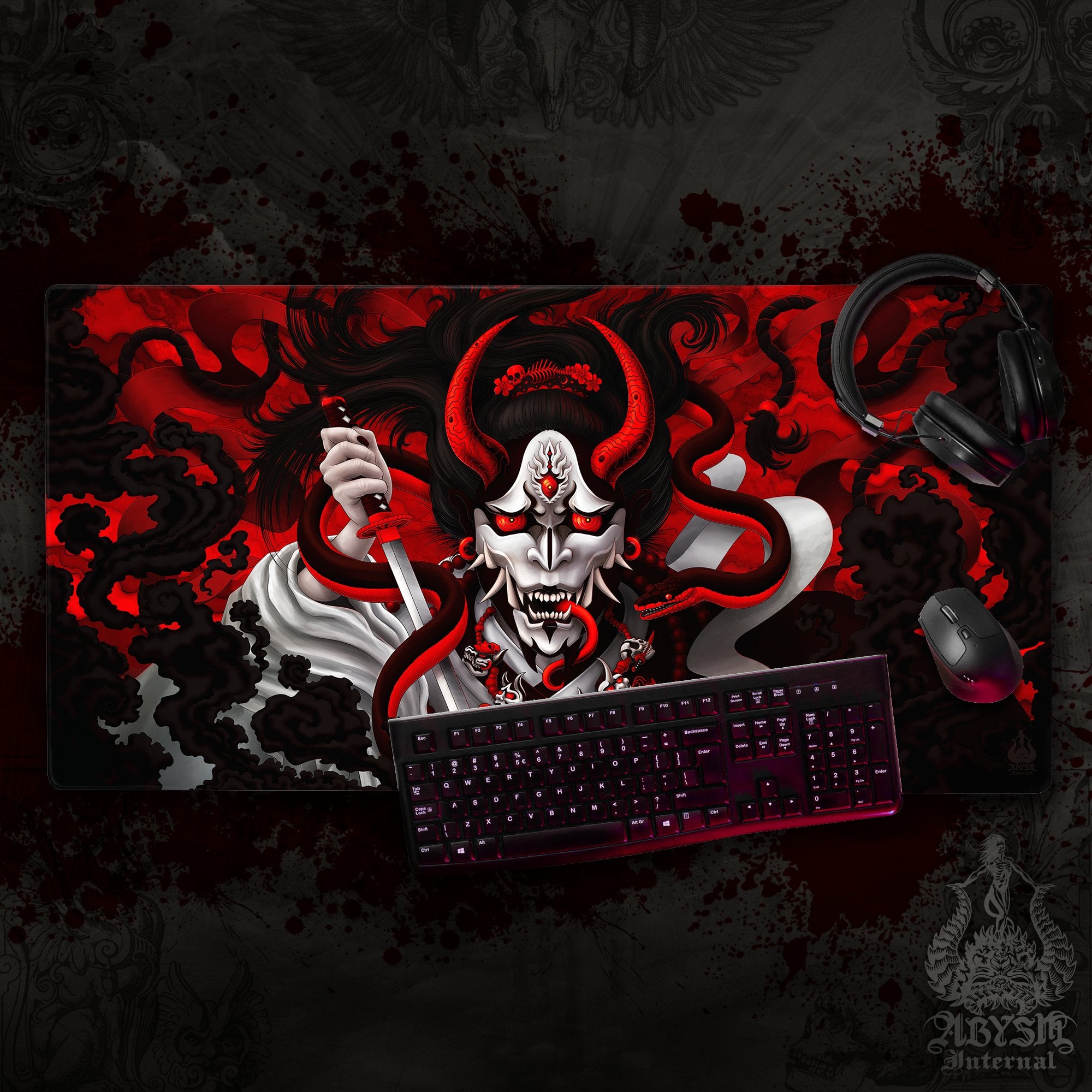 Japanese Demon Gaming Desk Mat, Hannya Mouse Pad, Youkai Table Protector Cover, Bloody White Goth Workpad, Fantasy Anime and Manga Art Print - Snake - Abysm Internal