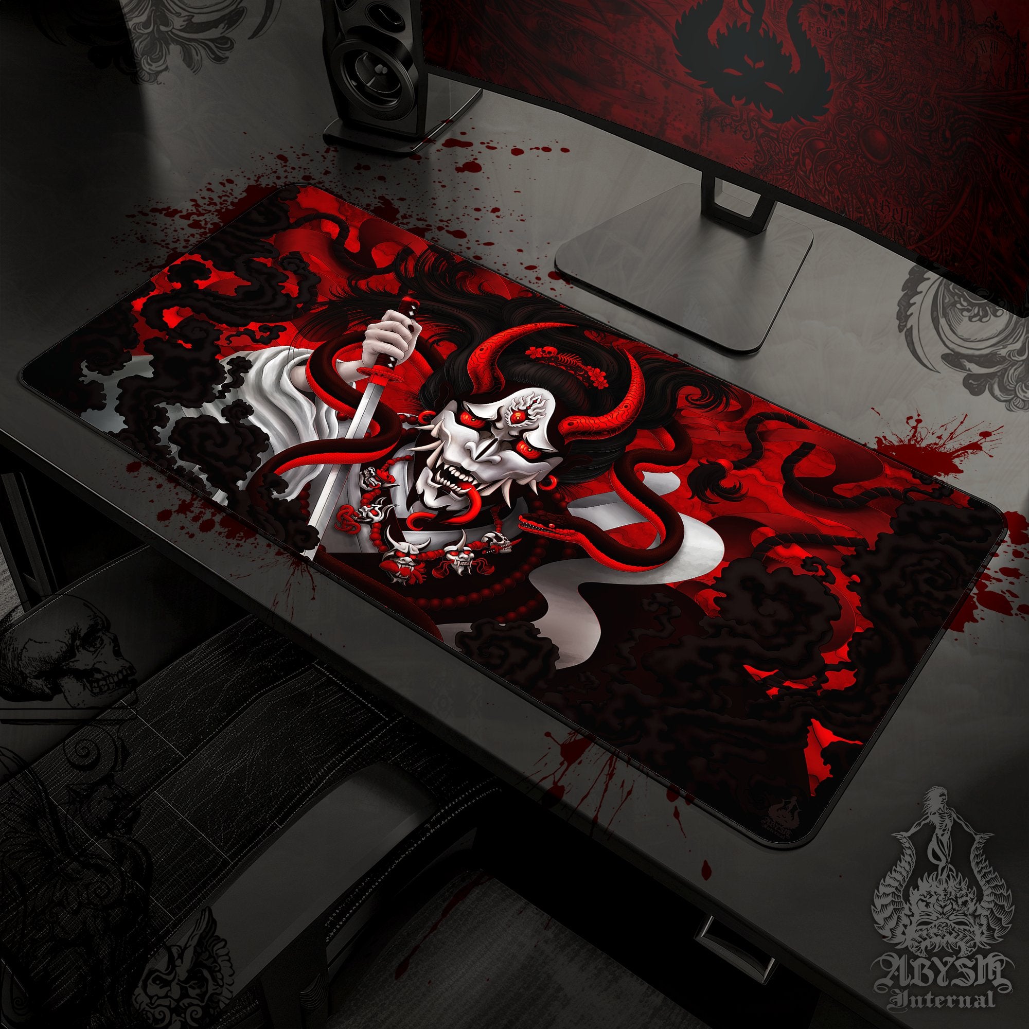 Japanese Demon Gaming Desk Mat, Hannya Mouse Pad, Youkai Table Protector Cover, Bloody White Goth Workpad, Fantasy Anime and Manga Art Print - Snake - Abysm Internal
