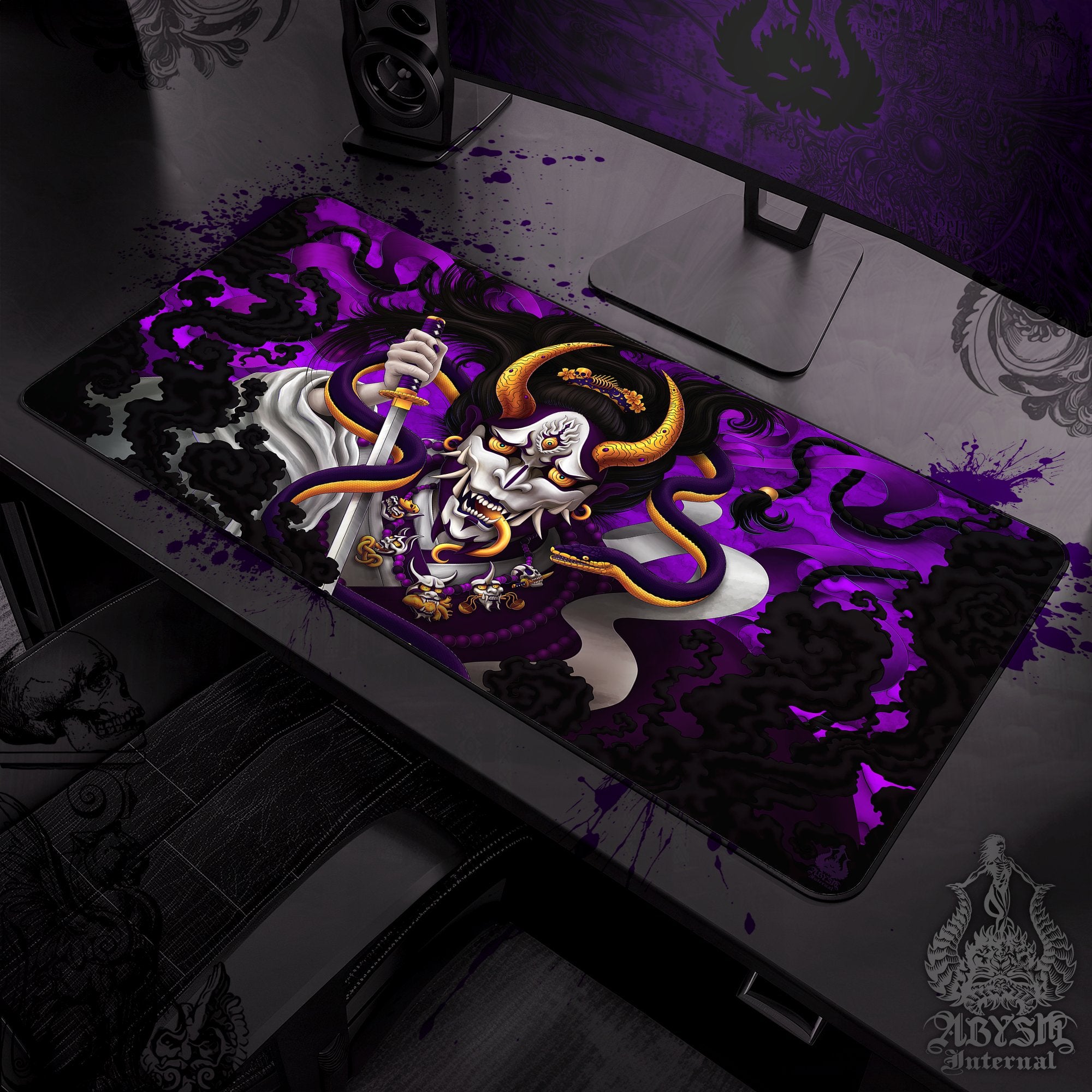 Japanese Demon Gaming Desk Mat, Hannya Mouse Pad, Youkai Table Protector Cover, White Goth Purple Workpad, Fantasy Anime and Manga Art Print - Snake - Abysm Internal