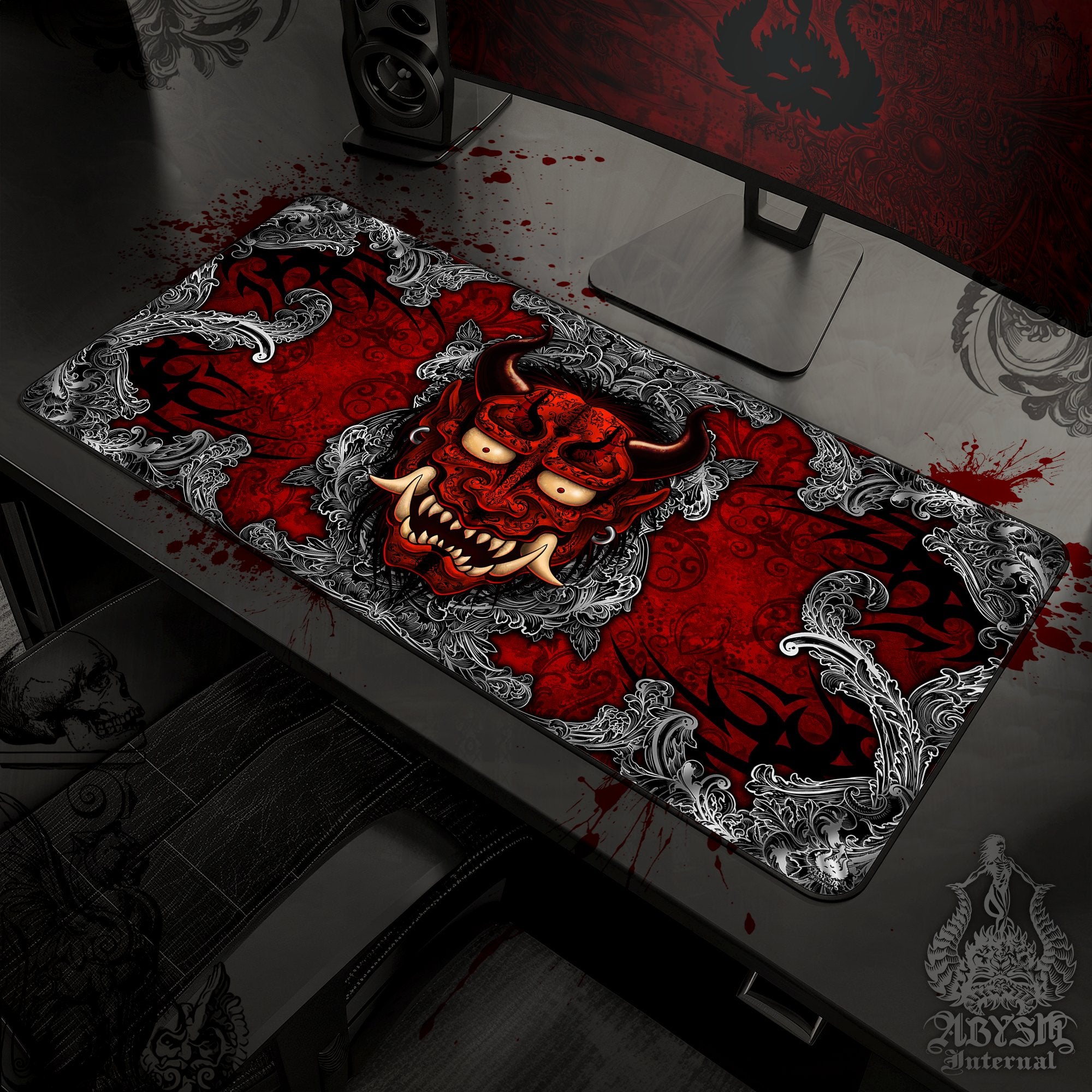 Japanese Demon Gaming Desk Mat, Oni Mouse Pad, Gamer Table Protector Cover, Bloody Gothic Workpad, Anime Yokai Art Print - Red, Black, 2 Colors - Abysm Internal