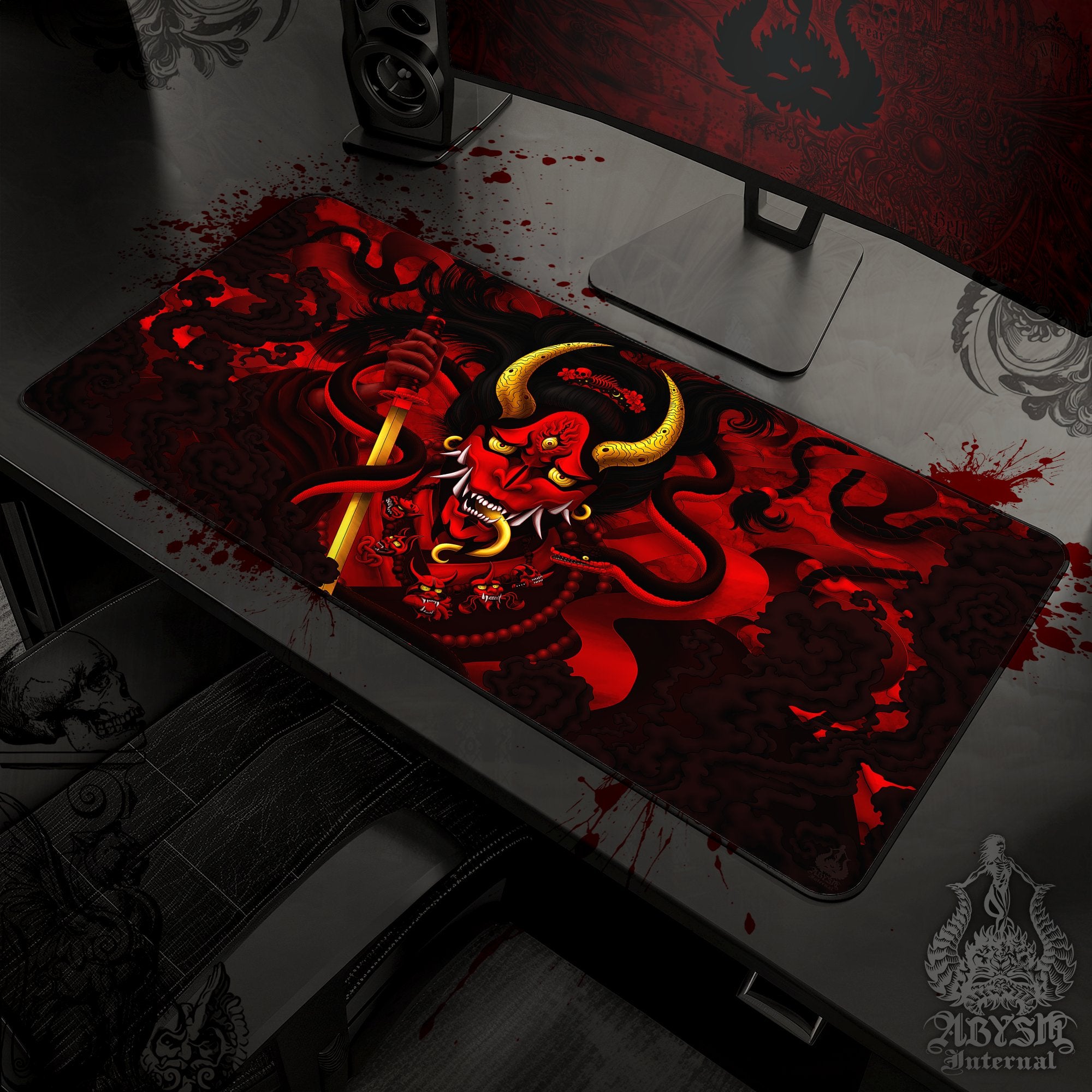 Japanese Demon Mouse Pad, Hannya Gaming Desk Mat, Youkai Workpad, Bloody Red Table Protector Cover, Fantasy Anime and Manga Art Print - Black Snake - Abysm Internal