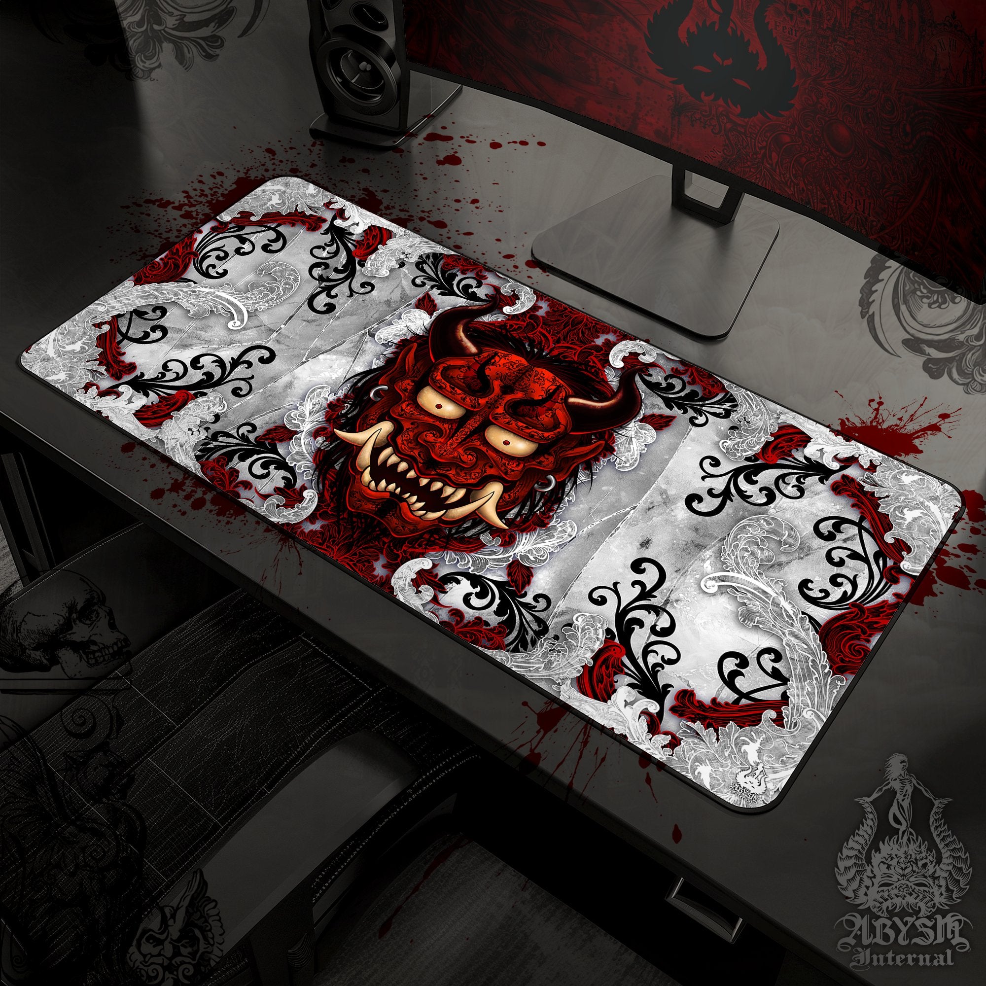 Japanese Demon Mouse Pad, Oni Gaming Desk Mat, Bloody White Goth Workpad, Manga Yokai Table Protector Cover, Art Print - Abysm Internal