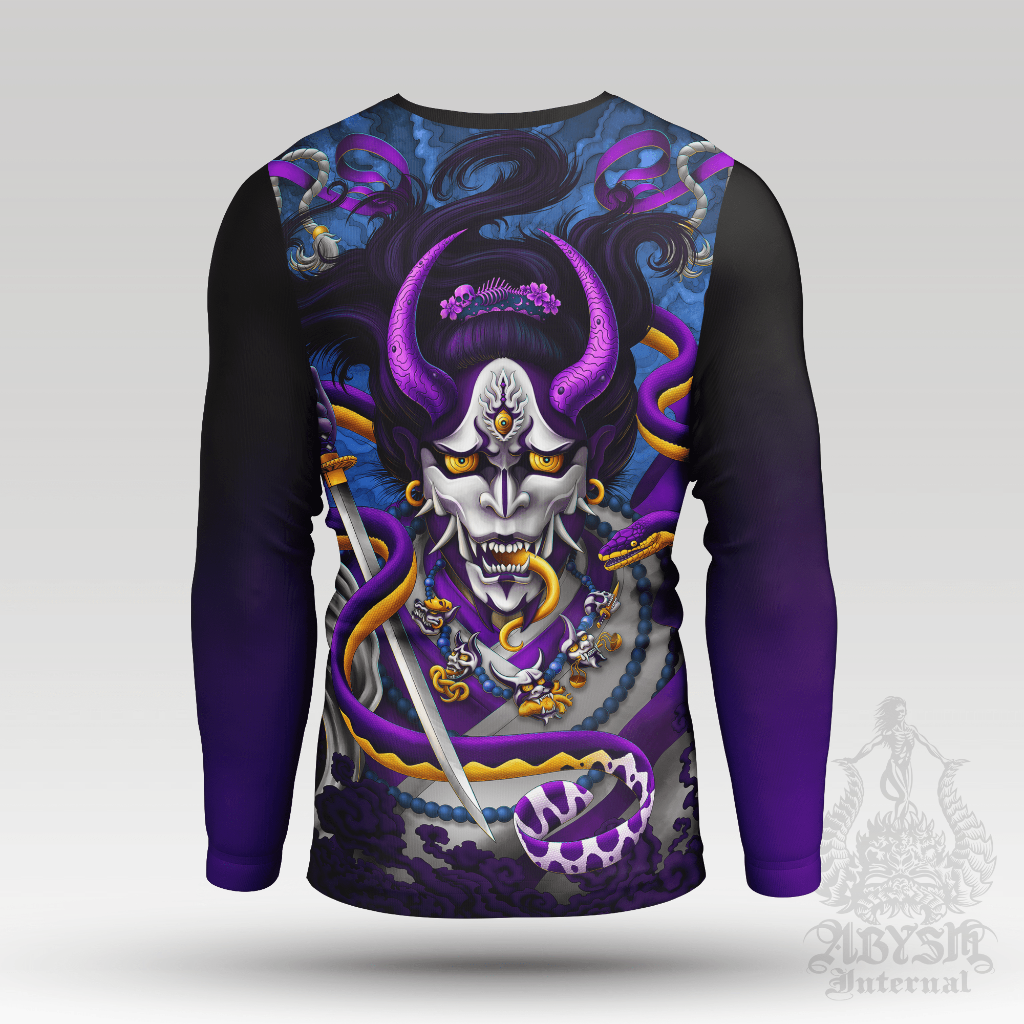 Japanese Demon Rash Guard - Hannya Long Sleeve Surf Shirt, Purple Blue Water Sports Top | Fantasy Art UV Protection Activewear for Men and Women - Abysm Internal
