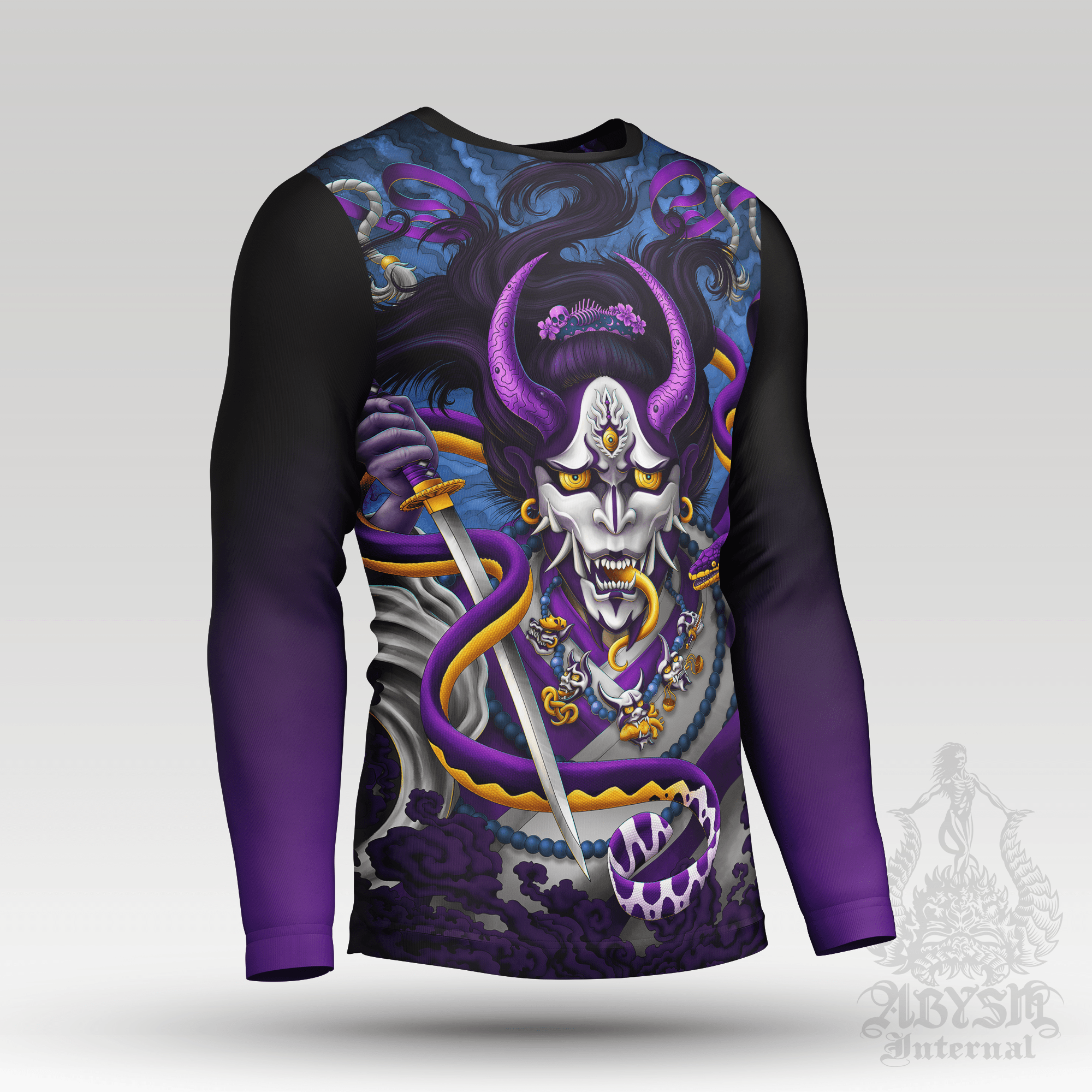 Japanese Demon Rash Guard - Hannya Long Sleeve Surf Shirt, Purple Blue Water Sports Top | Fantasy Art UV Protection Activewear for Men and Women - Abysm Internal