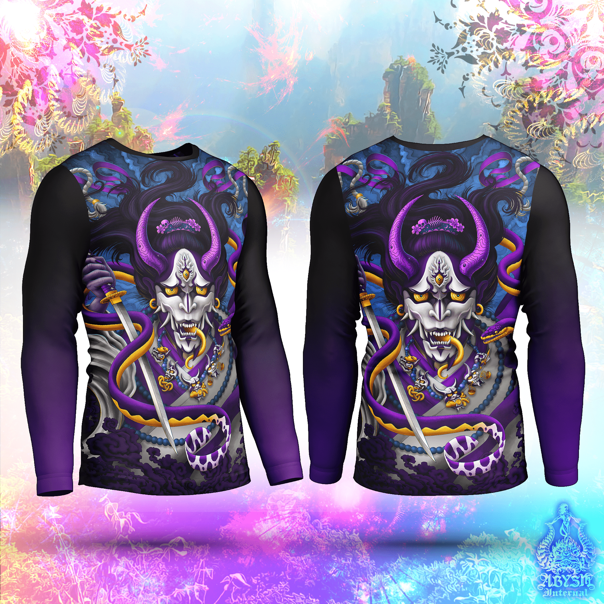 Japanese Demon Rash Guard - Hannya Long Sleeve Surf Shirt, Purple Blue Water Sports Top | Fantasy Art UV Protection Activewear for Men and Women - Abysm Internal